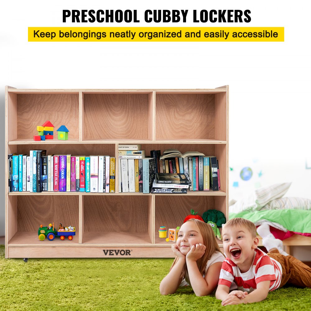 Armario de almacenamiento móvil con bandeja VEVOR Cubby, estante de almacenamiento con 8 compartimentos, armario de almacenamiento con 3 estantes, compartimentos para aulas, muebles para aulas en el hogar, guarderías y preescolares, color natural.