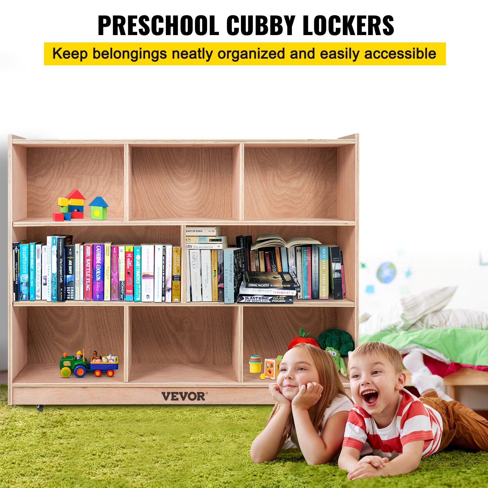 Armario de almacenamiento móvil con bandeja VEVOR Cubby, estante de almacenamiento con 8 compartimentos, armario de almacenamiento con 3 estantes, compartimentos para aulas, muebles para aulas en el hogar, guarderías y preescolares, color natural.