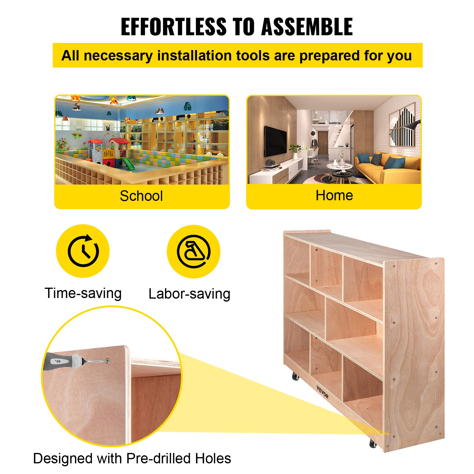 Armario de almacenamiento móvil con bandeja VEVOR Cubby, estante de almacenamiento con 8 compartimentos, armario de almacenamiento con 3 estantes, compartimentos para aulas, muebles para aulas en el hogar, guarderías y preescolares, color natural.