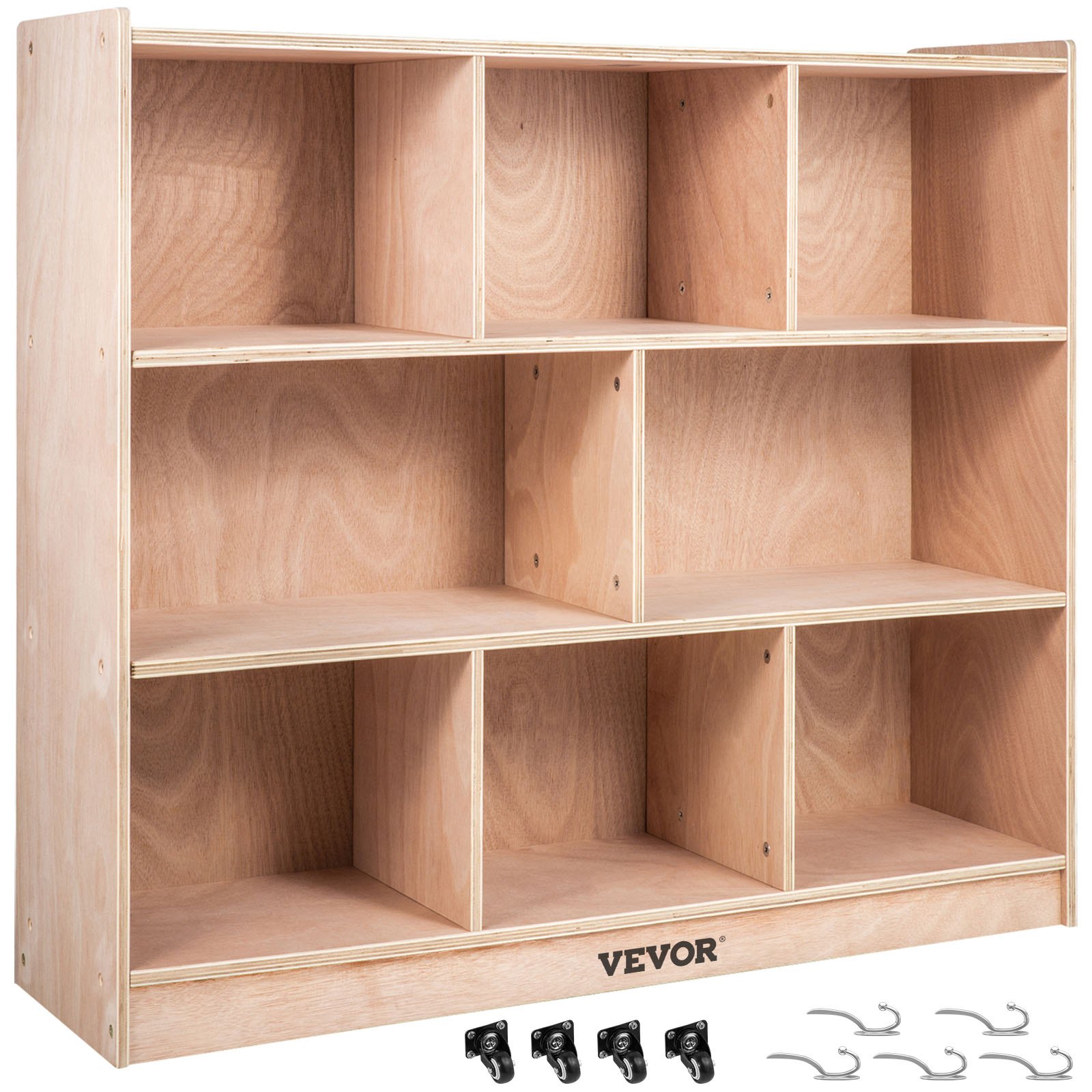 Armario de almacenamiento móvil con bandeja VEVOR Cubby, estante de almacenamiento con 8 compartimentos, armario de almacenamiento con 3 estantes, compartimentos para aulas, muebles para aulas en el hogar, guarderías y preescolares, color natural.
