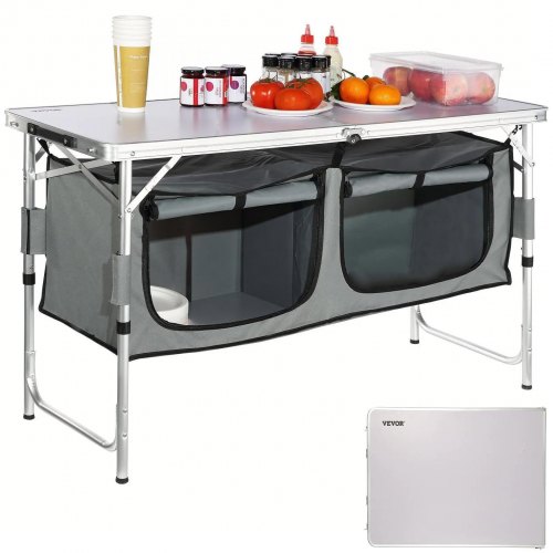 VEVOR Mesa de cocina para acampar, mesa de camping plegable de instalación rápida, 3 alturas ajustables, mesa de camping de MDF, ideal para picnics al aire libre, barbacoas, camping, viajes en vehículos recreativos