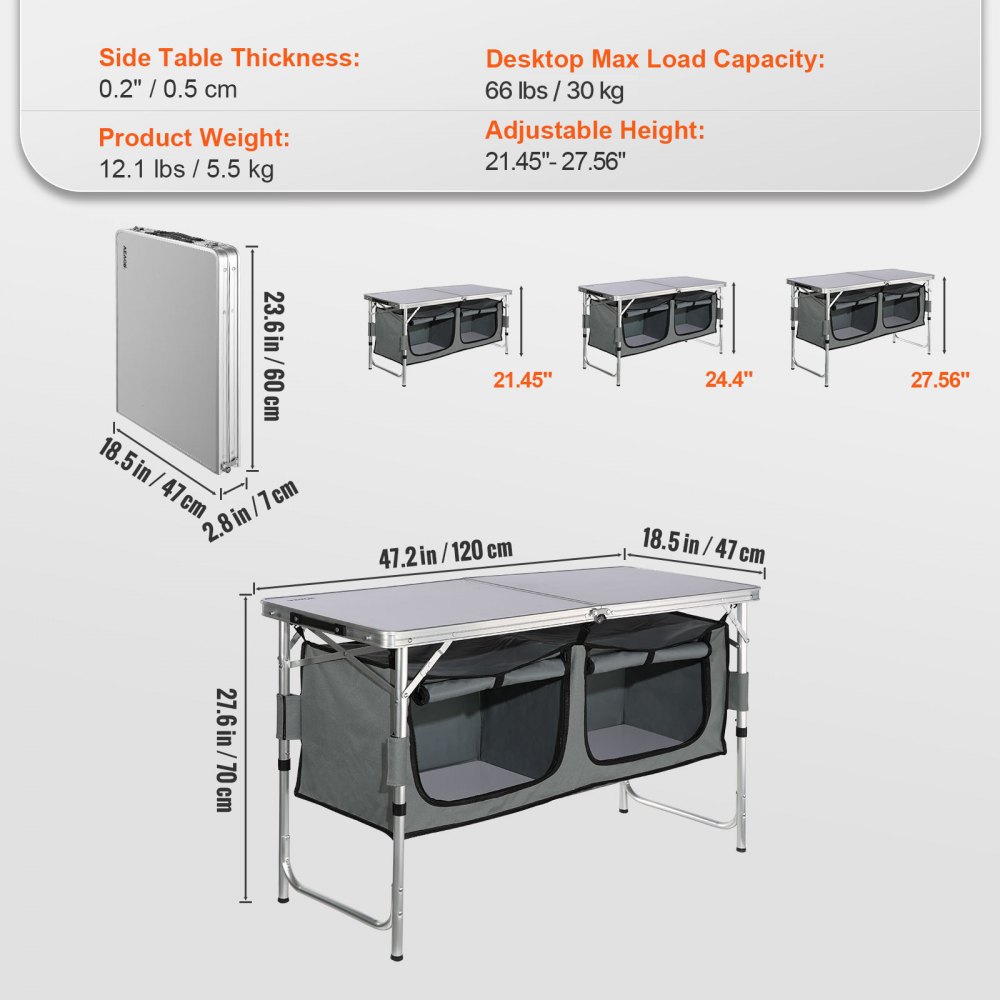 Mesa de camping VEVOR con altura ajustable, capacidad de carga de 220 libras y diseño plegable para un fácil almacenamiento.
