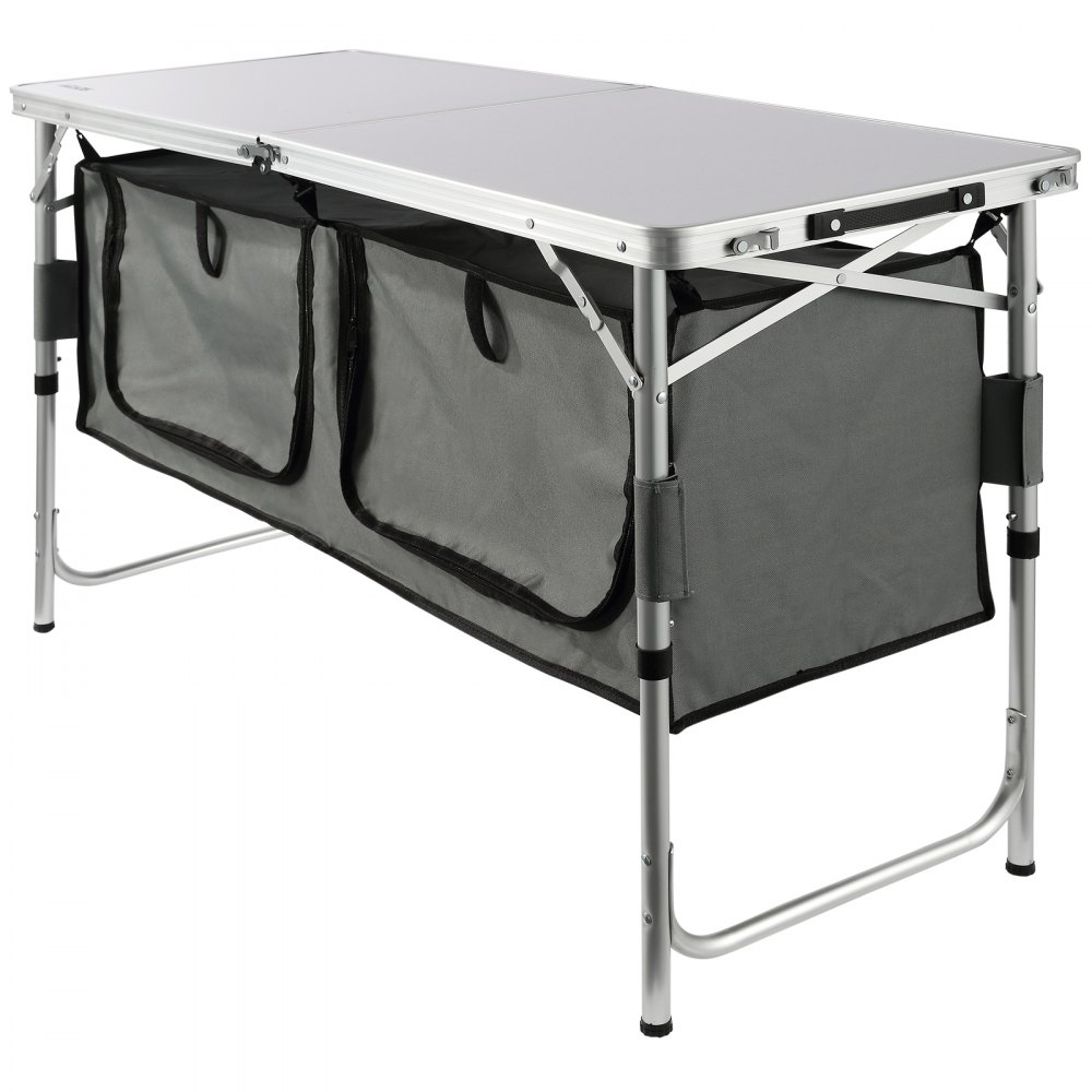 Mesa de camping VEVOR con estructura de aluminio y compartimentos de almacenamiento de tela, perfecta para uso al aire libre.