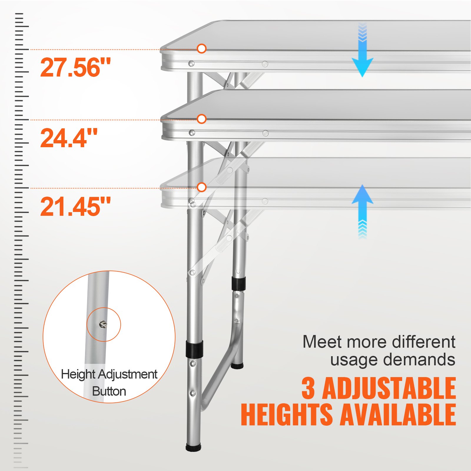 Mesa de camping VEVOR con 3 alturas ajustables: 27,56&quot;, 24,4&quot;, 21,45&quot;, ideal para un uso versátil.