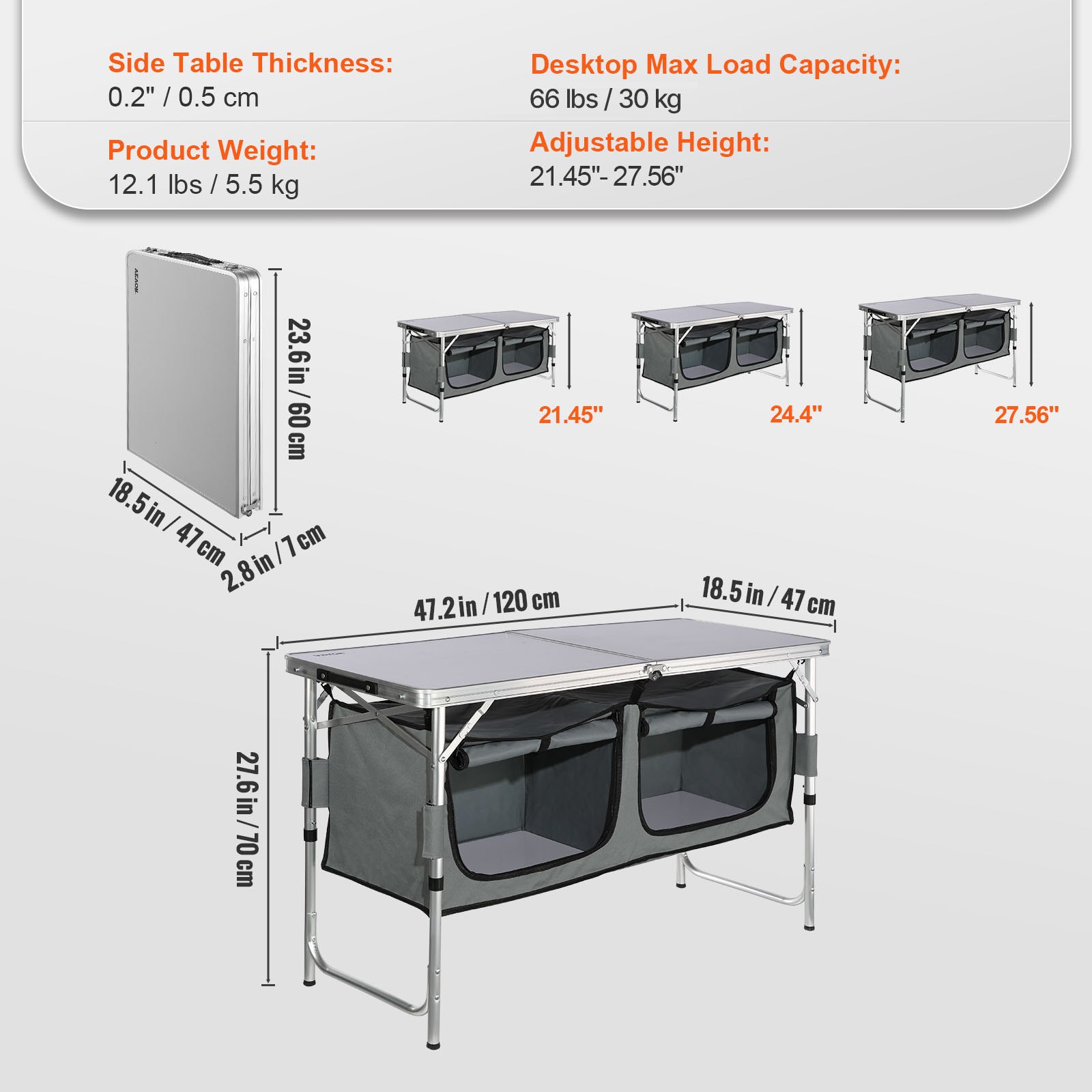 Mesa de camping VEVOR con altura ajustable, capacidad de carga de 220 libras y diseño plegable para un fácil almacenamiento.
