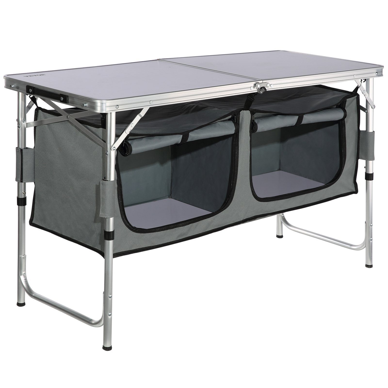 Mesa de camping VEVOR con compartimentos de almacenamiento plegables y marco de aluminio. Ideal para uso al aire libre.