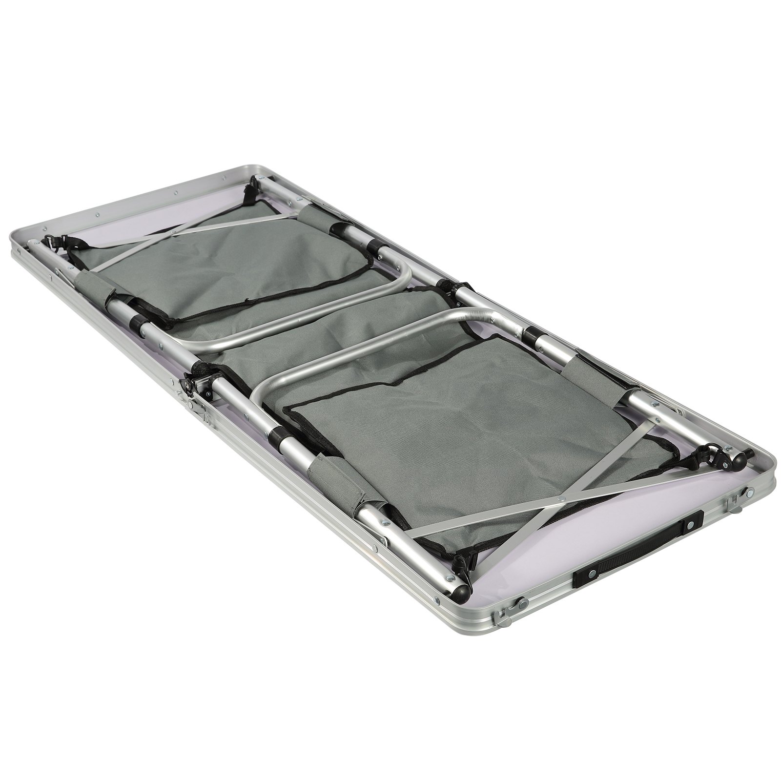 Mesa de camping VEVOR plegable con compartimentos grises y estructura de metal, que muestra un diseño compacto.