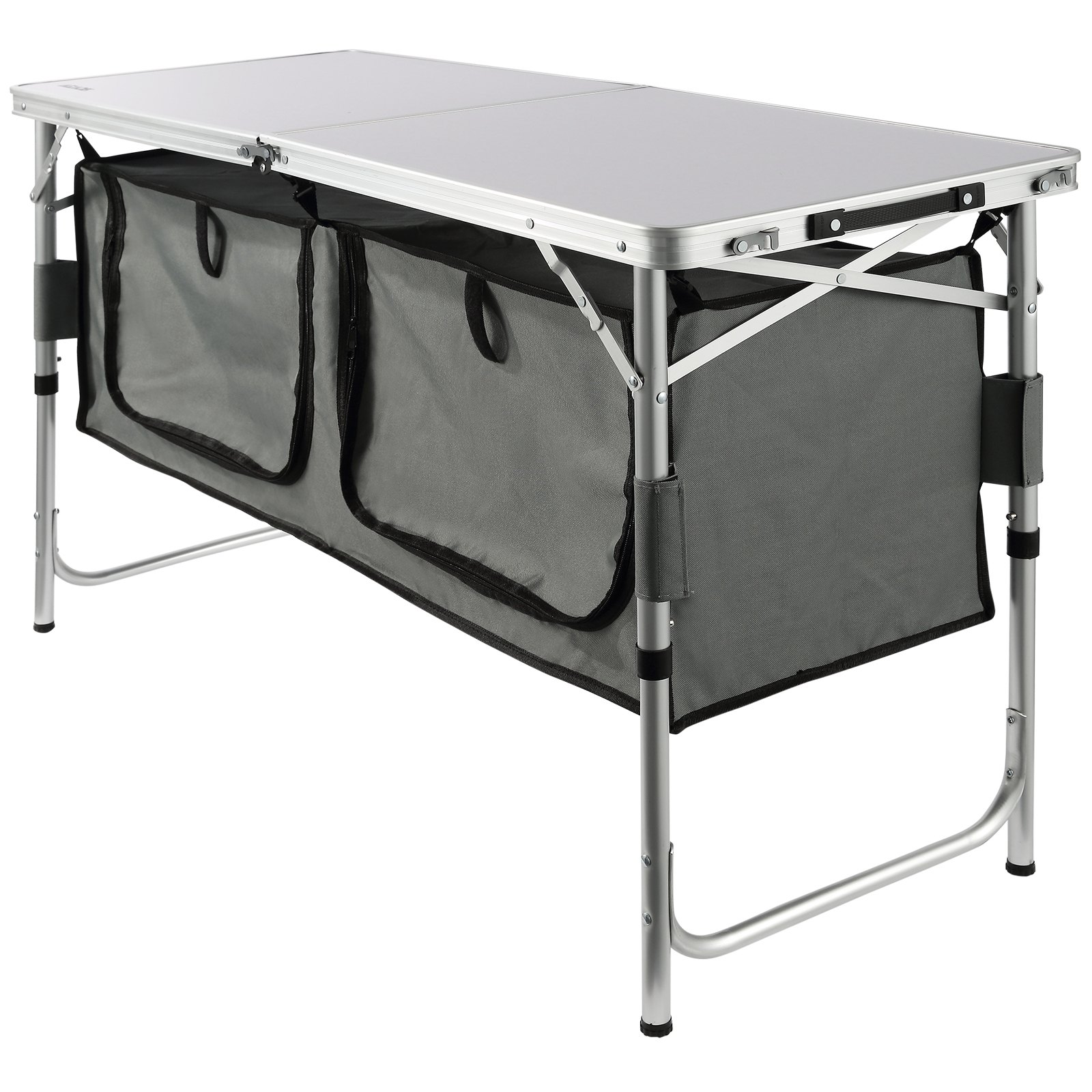 Mesa de camping VEVOR con estructura de aluminio y compartimentos de almacenamiento de tela, perfecta para uso al aire libre.