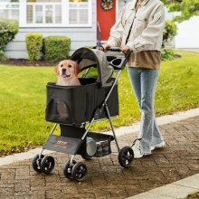 VEVOR Cochecito para mascotas, 4 ruedas, cochecito para perros giratorio con frenos, capacidad de peso de 35 libras, cochecito para cachorros con transportador desmontable, cesta de almacenamiento y portavasos, para viajes de perros y gatos, negro y gris oscuro