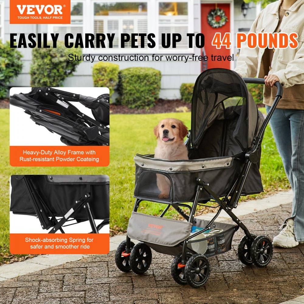 VEVOR Cochecito para mascotas, 4 ruedas, cochecito para perros giratorio con frenos, capacidad de peso de 44 libras, cochecito para cachorros con manillar reversible, cesta de almacenamiento y cremallera, para viajes de perros y gatos, negro+gris