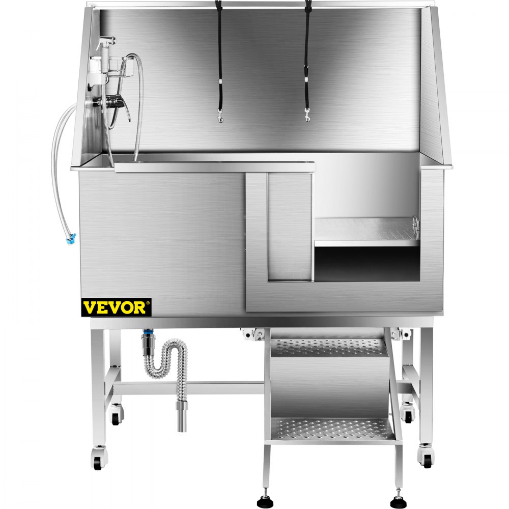 VEVOR Bañera de Acero Inoxidable para Mascota con Capacidad de 100 kg, Tina de Baño de Perro para Ducha 64 x 125 x 151 cm, Bañera de Mascotas de Ducha con Grifo, Bañera Acero Inoxidable para Perros