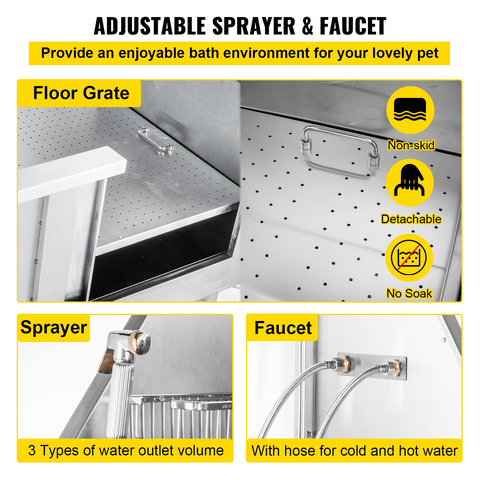 VEVOR Bañera de Acero Inoxidable para Mascota con Capacidad de 100 kg, Tina de Baño de Perro para Ducha 64 x 125 x 151 cm, Bañera de Mascotas de Ducha con Grifo, Bañera Acero Inoxidable para Perros