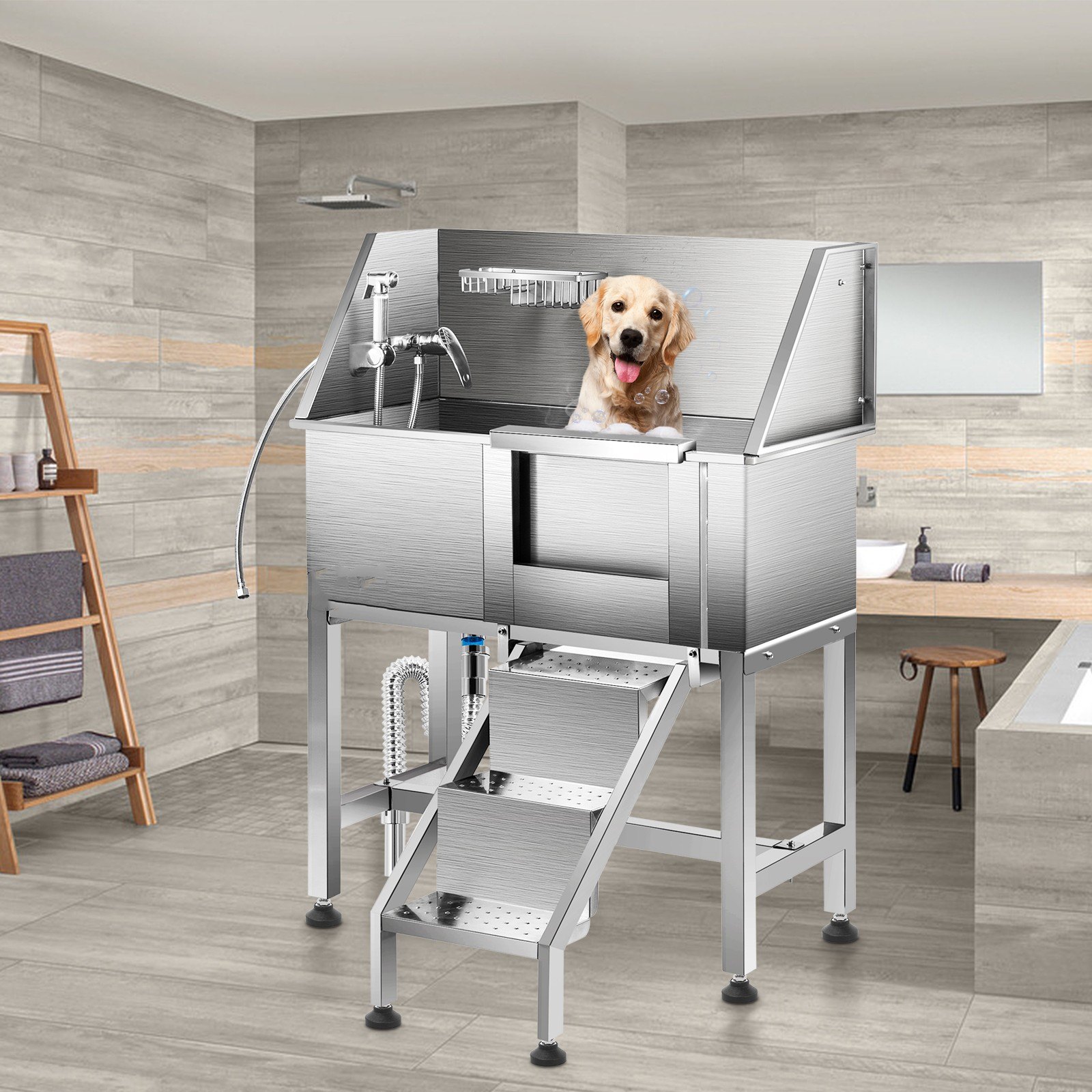VEVOR Bañera de aseo para perros VEVOR bañera de lavado para perros salón de ducha de acero inoxidable de 38 pulgadas de largo