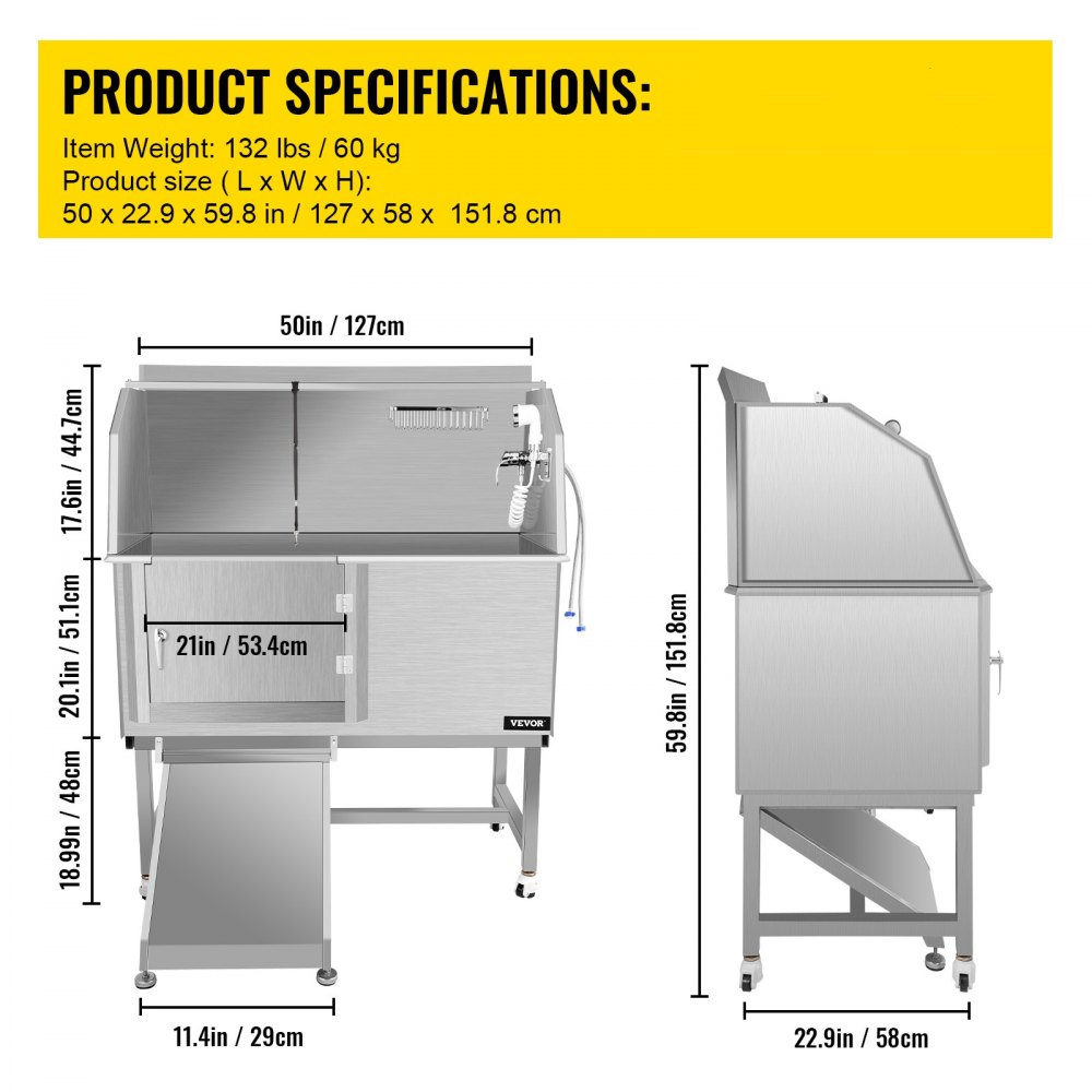 Tuspuzz Bañera de aseo para perros VEVOR, bañera de lavado para perros, salón de ducha de acero inoxidable de 50 pulgadas de alto