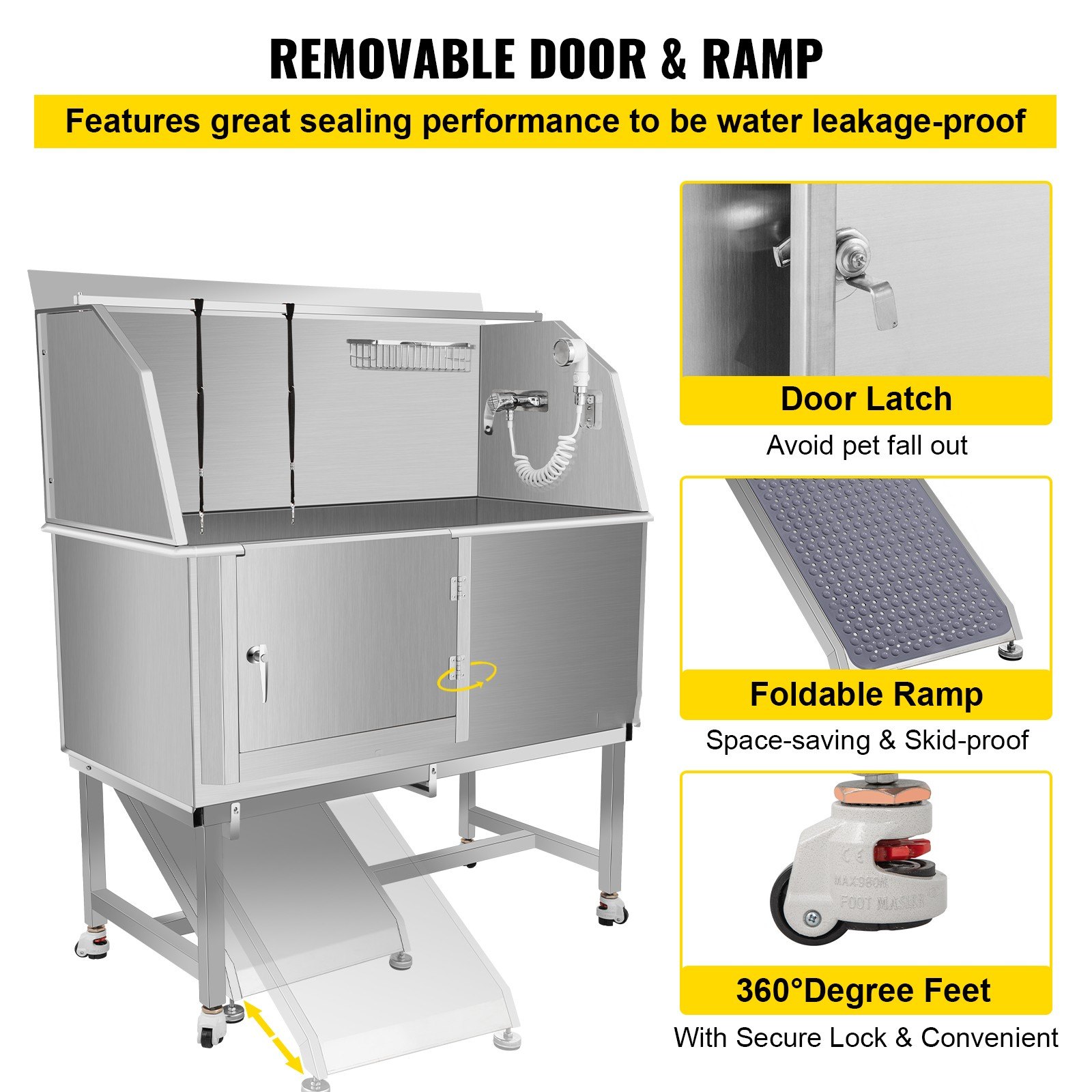 VEVOR Bañera de aseo para perros, bañera de lavado para perros, salón de ducha de acero inoxidable de 50 pulgadas de alto