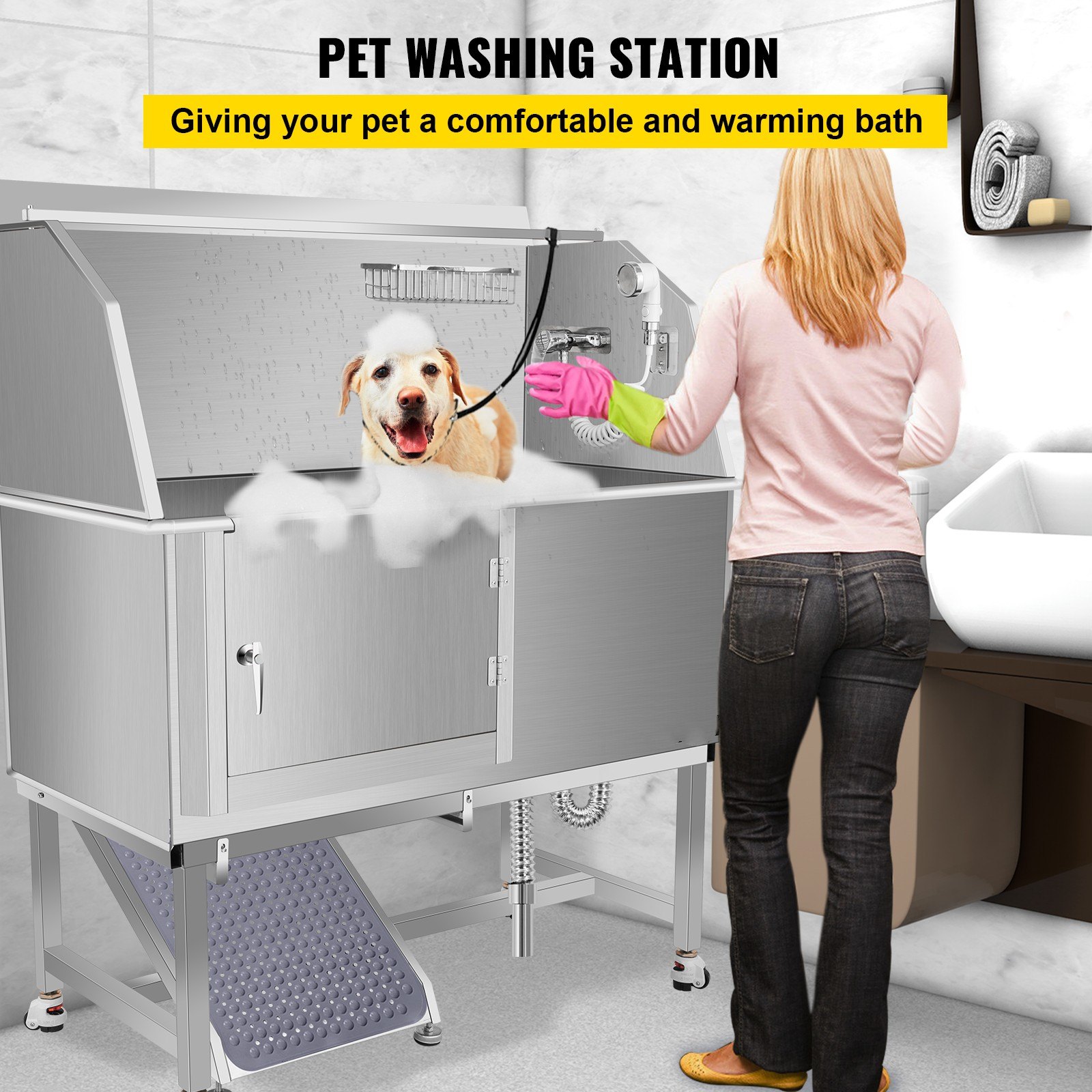 VEVOR Bañera de aseo para perros, bañera de lavado para perros, salón de ducha de acero inoxidable de 50 pulgadas de alto