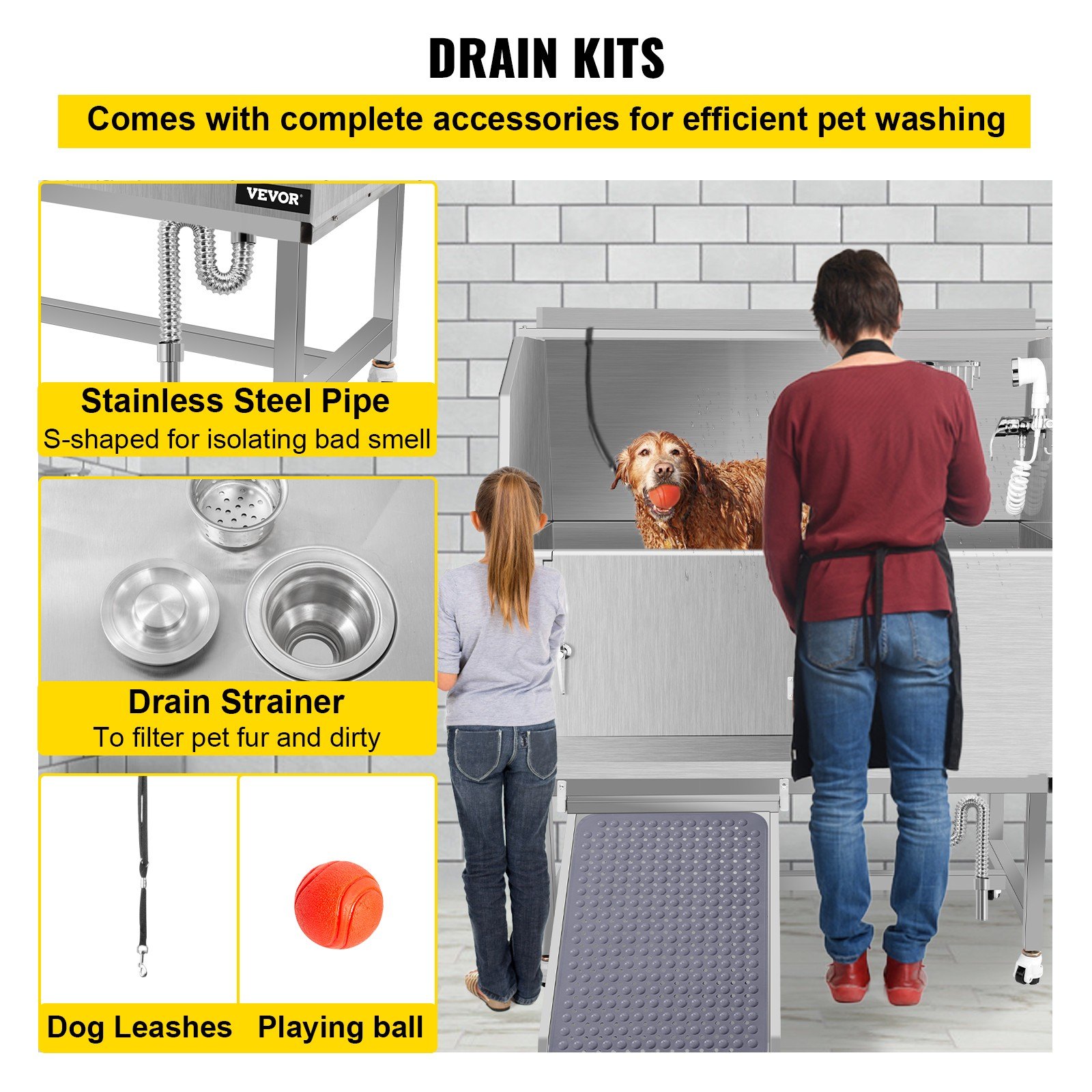 VEVOR Bañera de aseo para perros, bañera de lavado para perros, salón de ducha de acero inoxidable de 50 pulgadas de alto