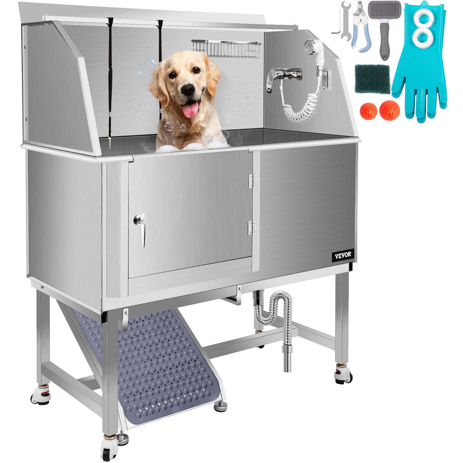 VEVOR Bañera de aseo para perros, bañera de lavado para perros, salón de ducha de acero inoxidable de 50 pulgadas de alto