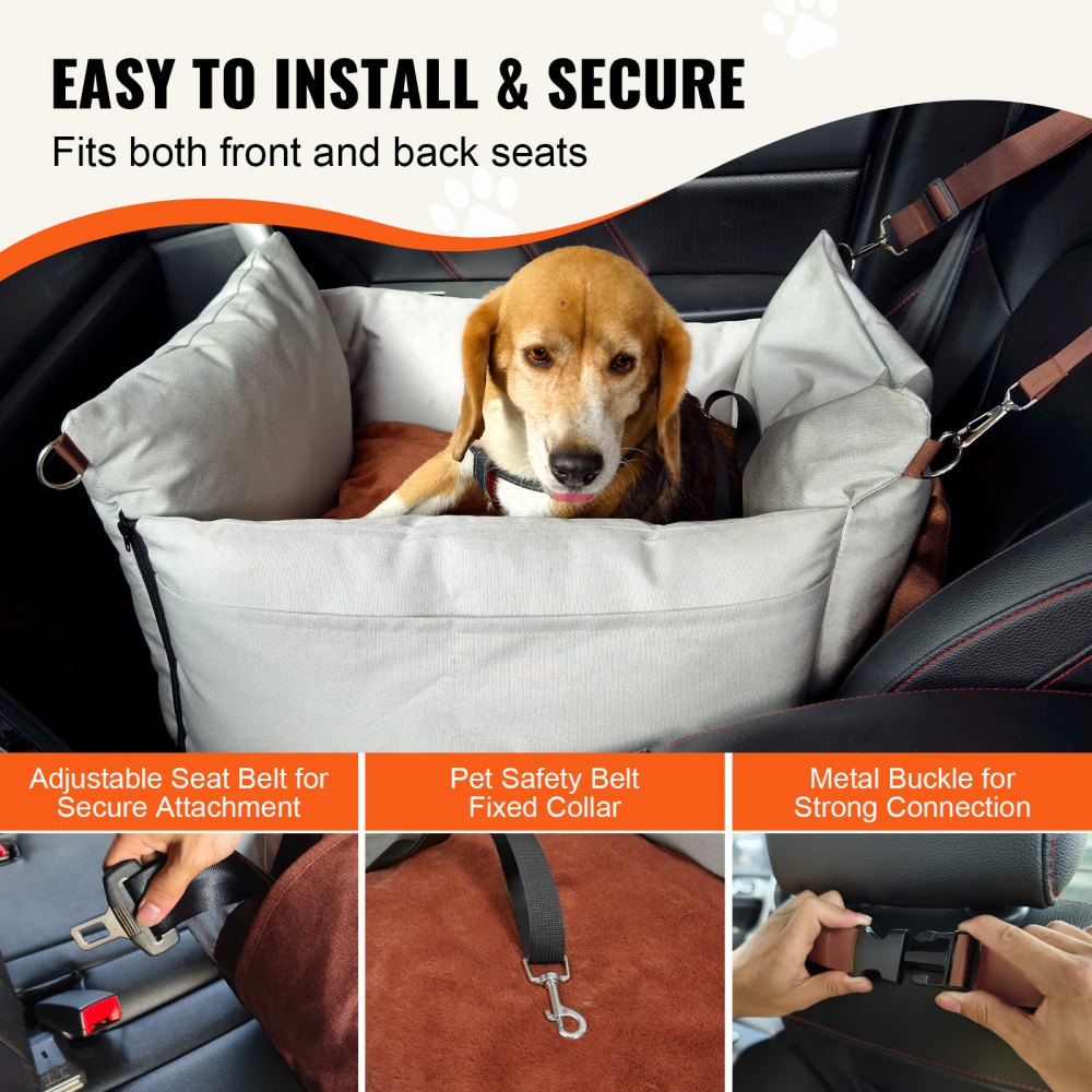 Asiento de coche para perros VEVOR, asiento elevador impermeable para coche con asas laterales y bolsillo de almacenamiento, correa de seguridad con clip y relleno de algodón PP, cama para perros pequeños de hasta 11,3 kg, color gris
