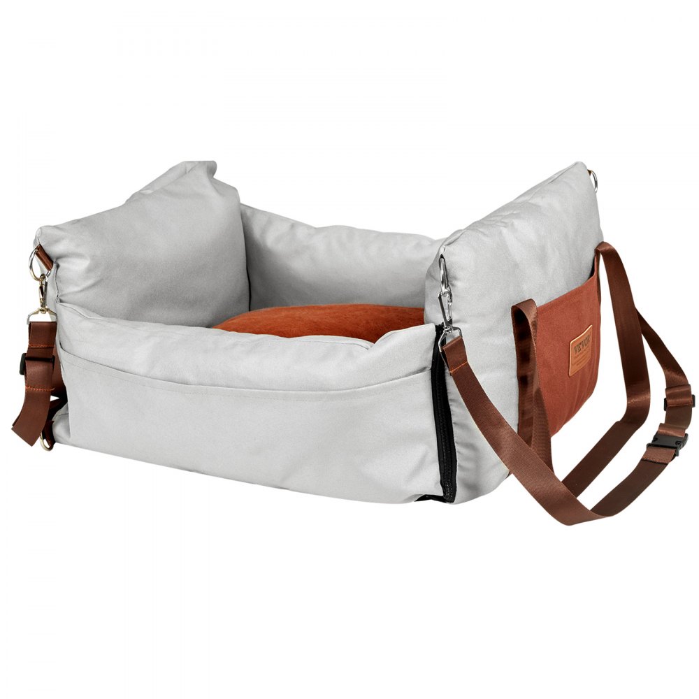 Asiento de coche para perros VEVOR, asiento elevador impermeable para coche con asas laterales y bolsillo de almacenamiento, correa de seguridad con clip y relleno de algodón PP, cama para perros pequeños de hasta 11,3 kg, color gris