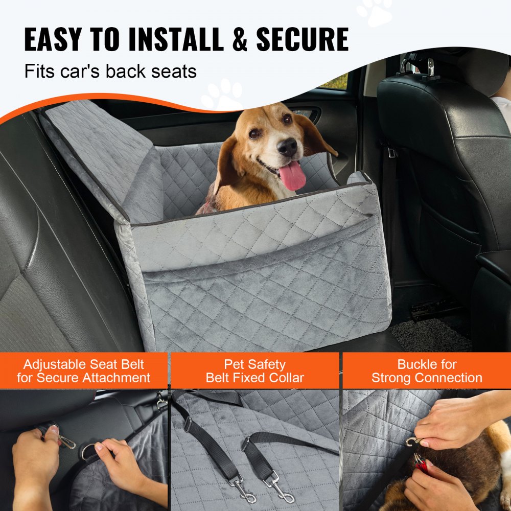Asiento de coche para perro VEVOR, asiento elevador para coche con bolsillo de almacenamiento, correa de seguridad con clip, relleno de esponja, cama para coche para perros medianos y grandes de hasta 25 kg, gris