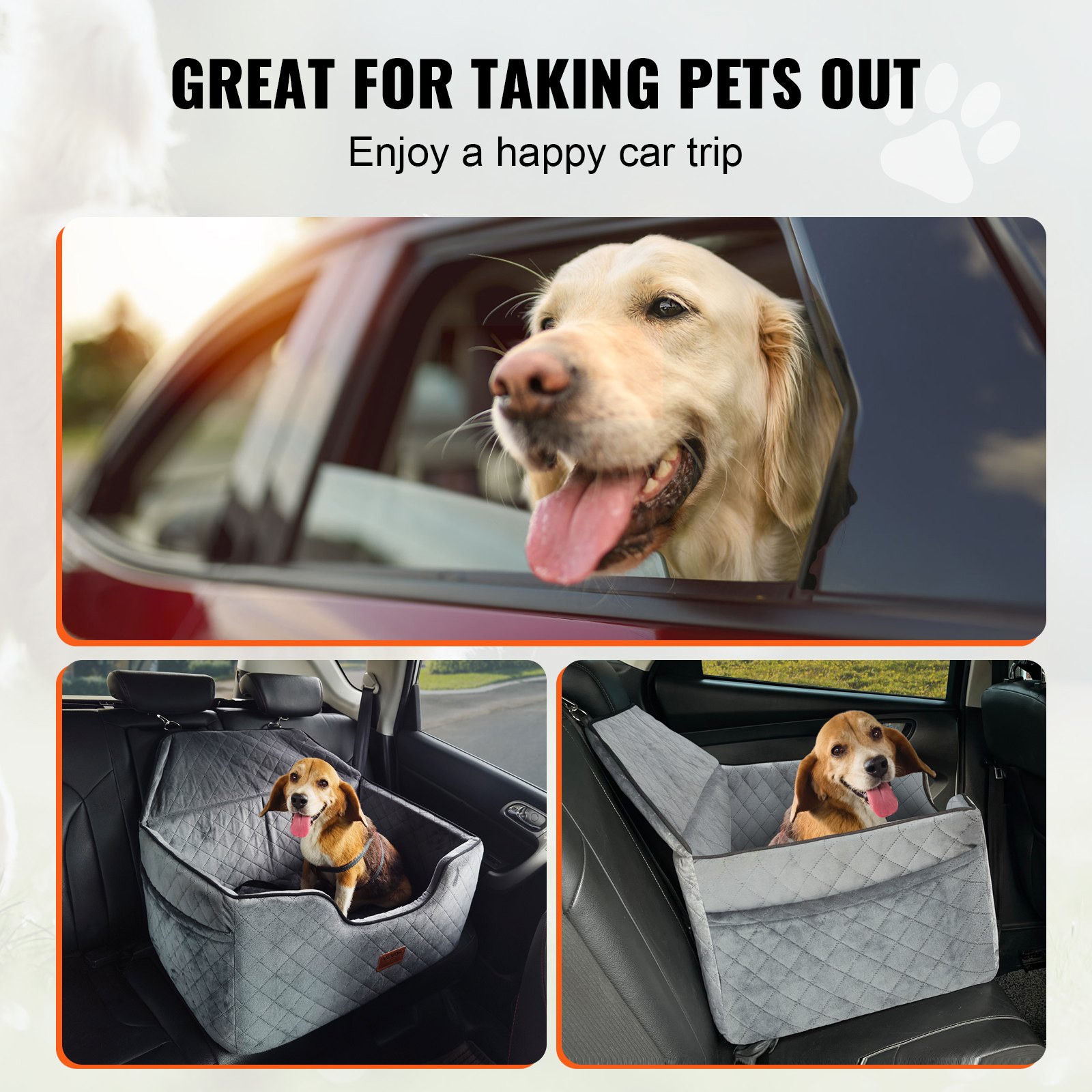 Asiento de coche para perro VEVOR, asiento elevador para coche con bolsillo de almacenamiento, correa de seguridad con clip, relleno de esponja, cama para coche para perros medianos y grandes de hasta 25 kg, gris