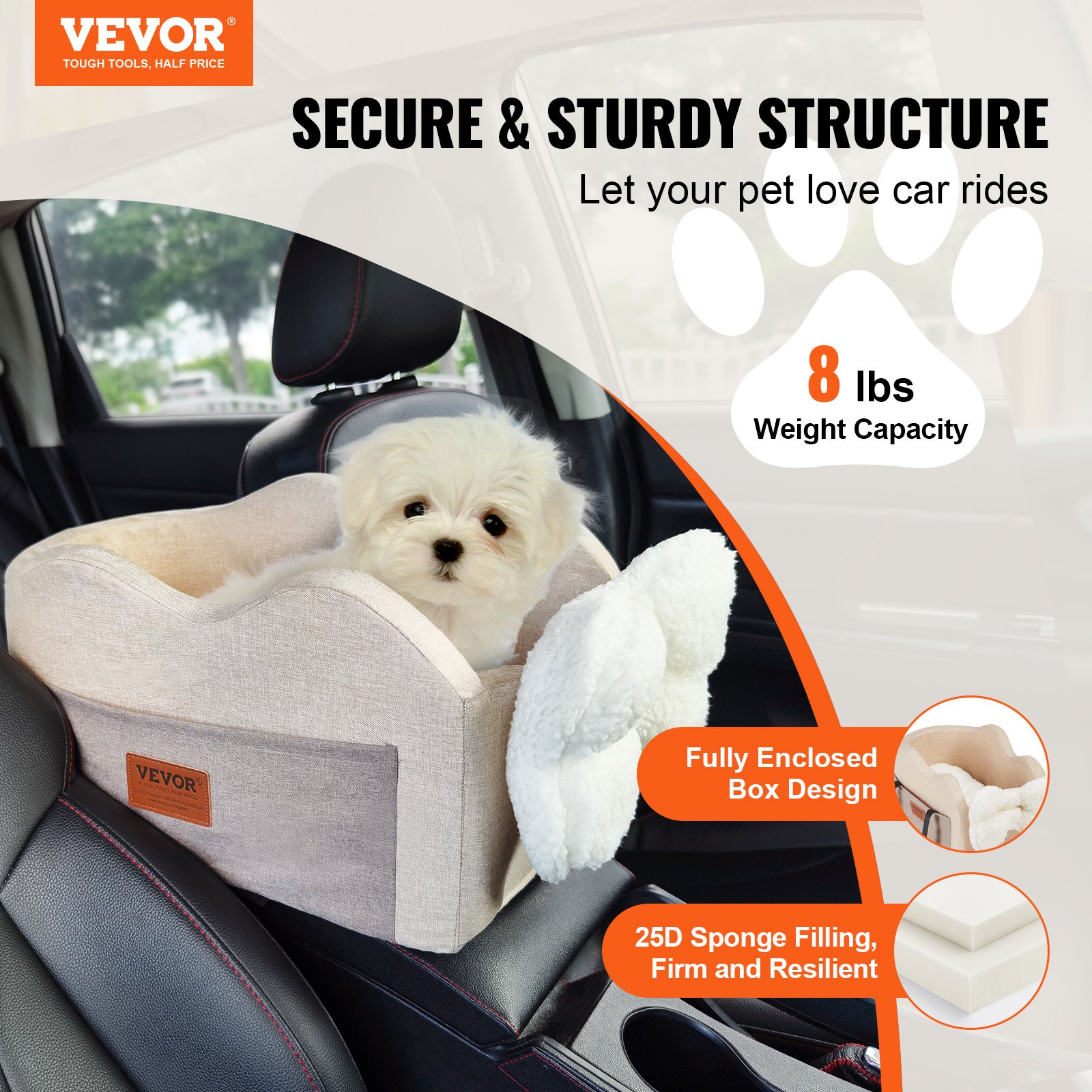 Asiento de coche para perros VEVOR con consola central, asiento elevador para perros pequeños, asiento para mascotas con reposabrazos, correa con clip, correas ajustables, soporta hasta 3,6 kg, marrón claro