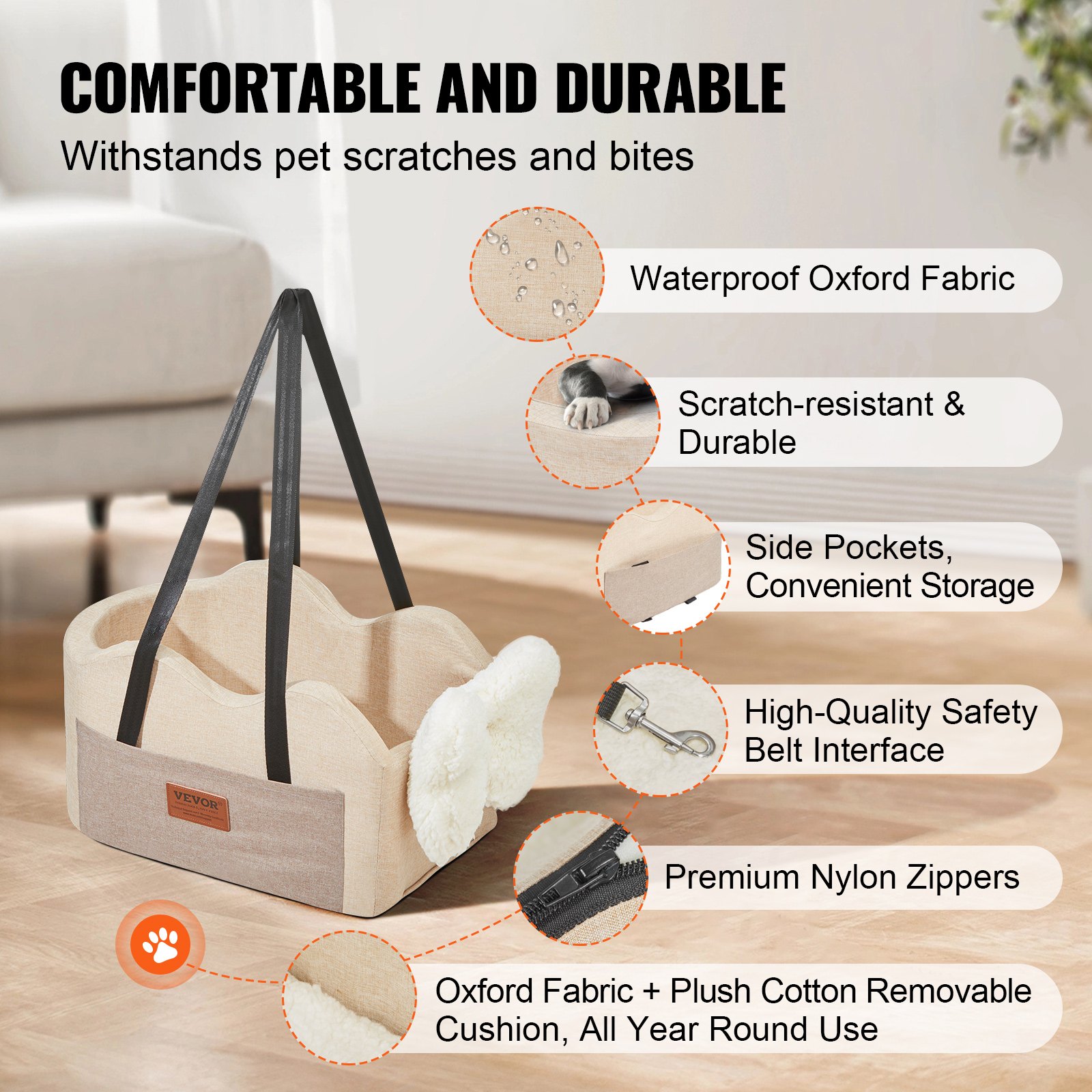 Asiento de coche para perros VEVOR con consola central, asiento elevador para perros pequeños, asiento para mascotas con reposabrazos, correa con clip, correas ajustables, soporta hasta 3,6 kg, marrón claro