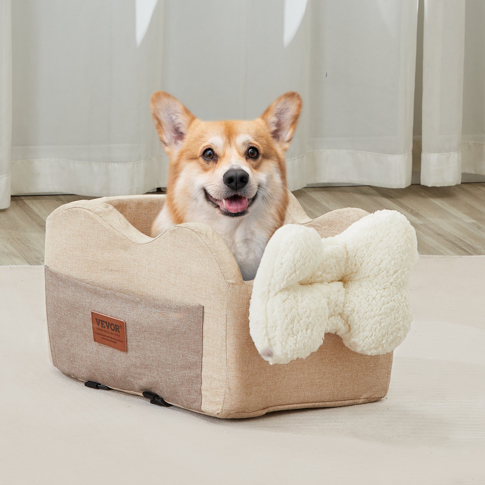 Asiento de coche para perros VEVOR con consola central, asiento elevador para perros pequeños, asiento para mascotas con reposabrazos, correa con clip, correas ajustables, soporta hasta 3,6 kg, marrón claro