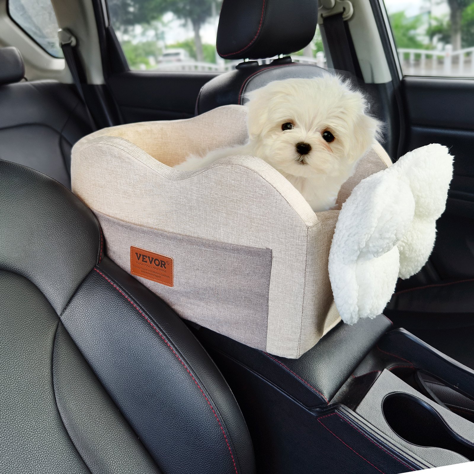 Asiento de coche para perros VEVOR con consola central, asiento elevador para perros pequeños, asiento para mascotas con reposabrazos, correa con clip, correas ajustables, soporta hasta 3,6 kg, marrón claro