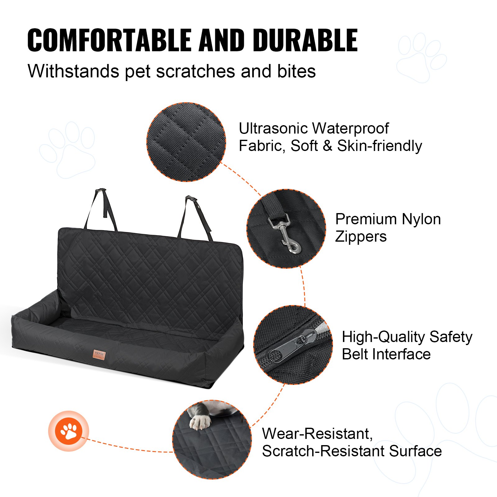 Asiento de coche para perro VEVOR, asiento elevador impermeable para coche, asiento para mascotas con correa de seguridad con clip, relleno de algodón PP, cama para perro mediano y grande de hasta 45 kg, color negro