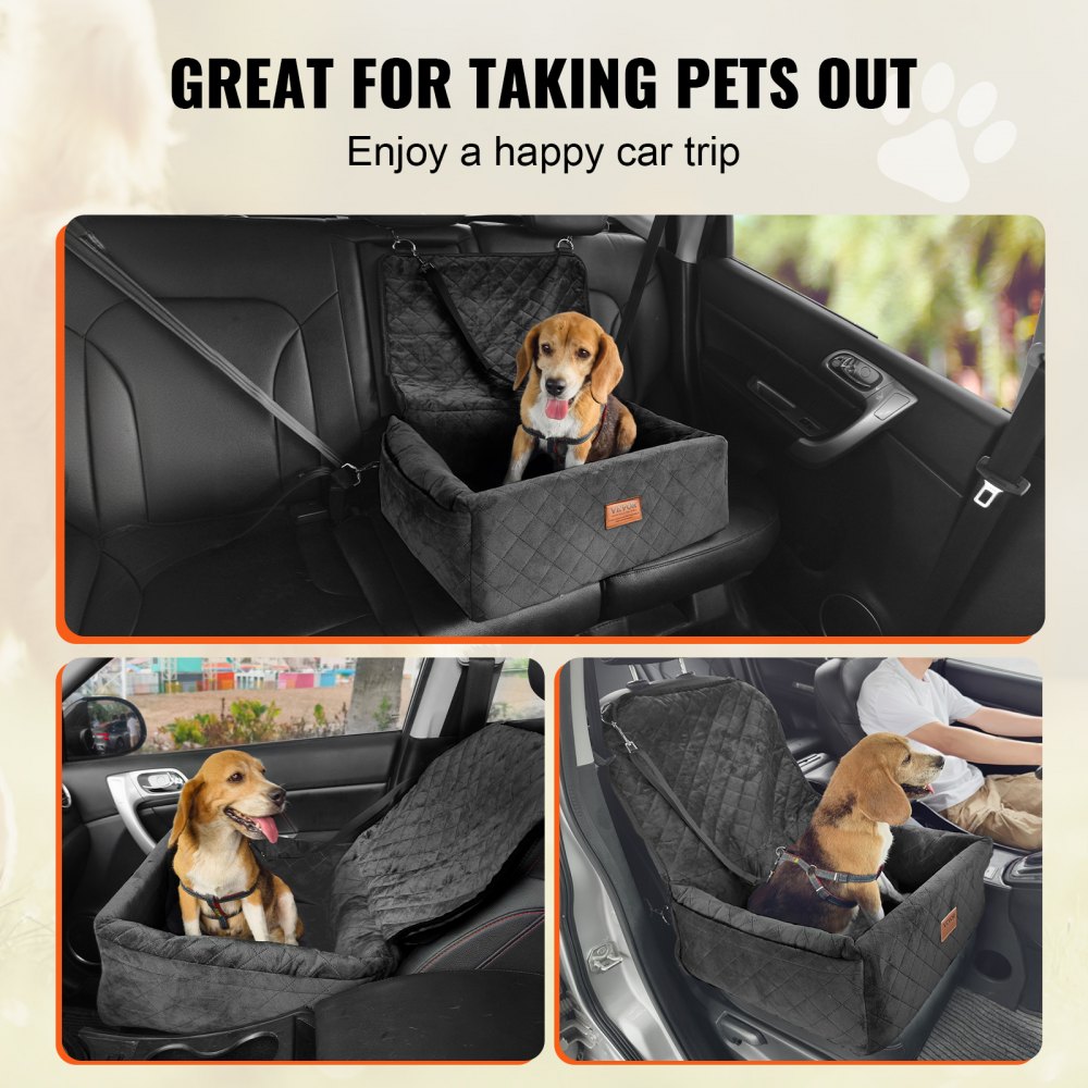 Asiento de coche para perros VEVOR, asiento elevador para coche con bolsillo de almacenamiento, correa de seguridad con clip, relleno de esponja y algodón PP, cama para perros pequeños y medianos de hasta 18 kg, color negro