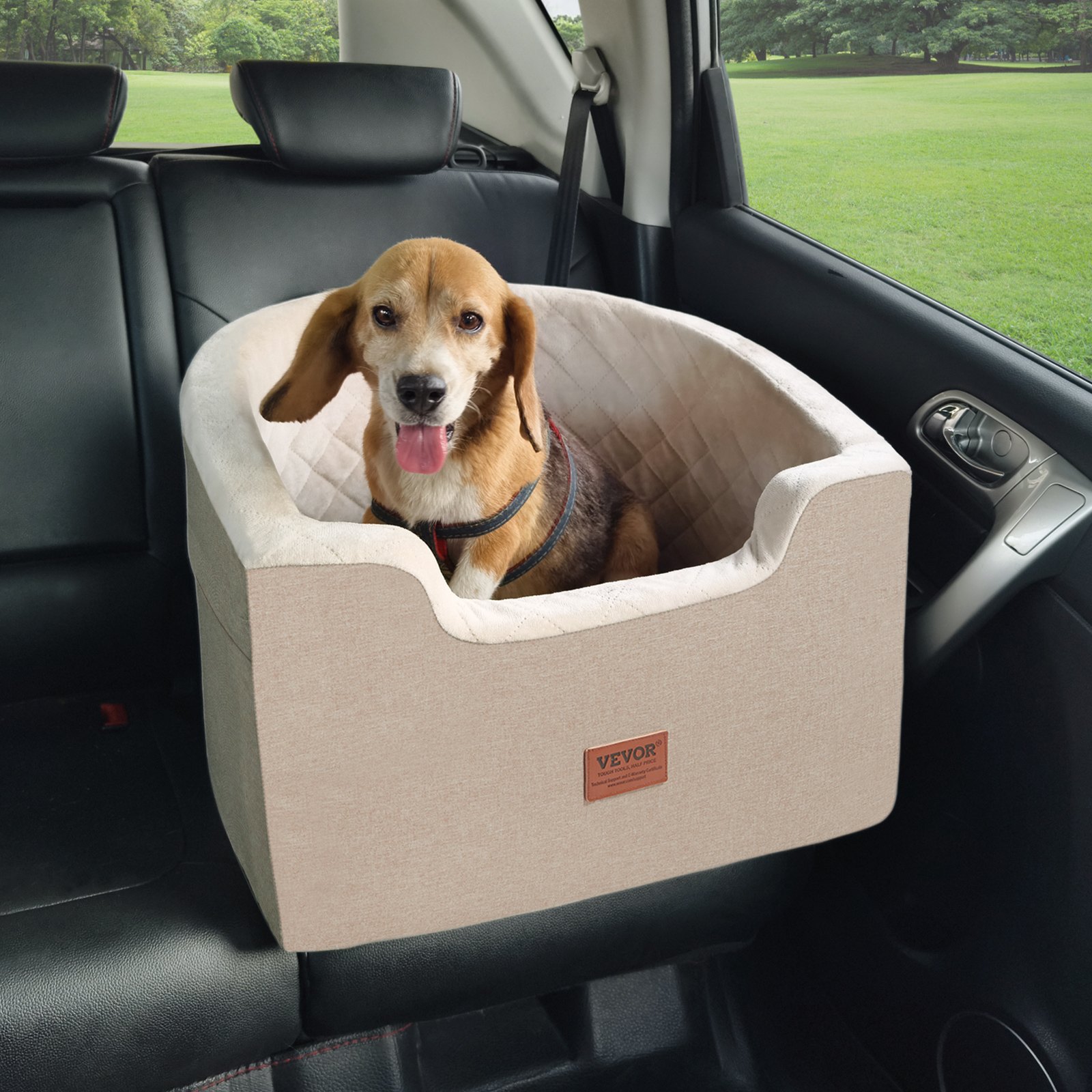 Asiento de coche para perros VEVOR, asiento elevador impermeable para coche con bolsillo de almacenamiento, correa de seguridad con clip y relleno de esponja, cama para perros pequeños y medianos de hasta 25 kg, color marrón