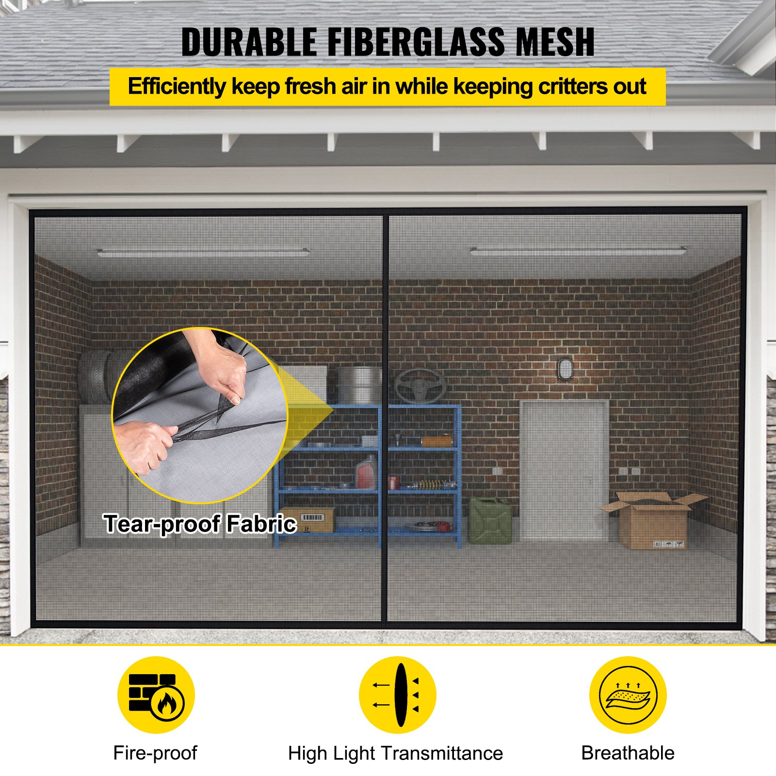Mosquitera para puerta de garaje VEVOR con malla de fibra de vidrio duradera y tela resistente al desgarro.