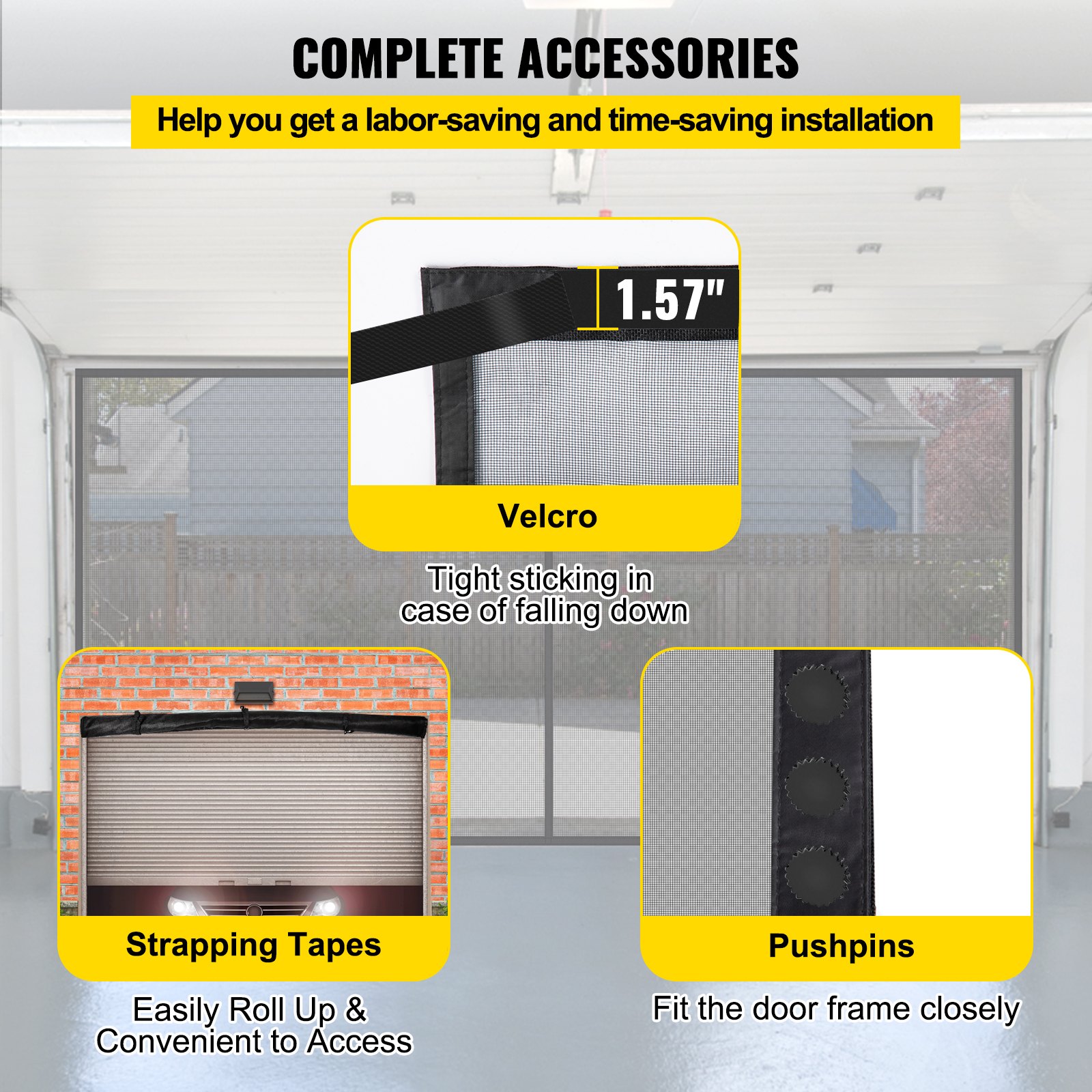 Mosquitera para puerta de garaje VEVOR con velcro, cintas de sujeción y chinchetas para una fácil instalación.