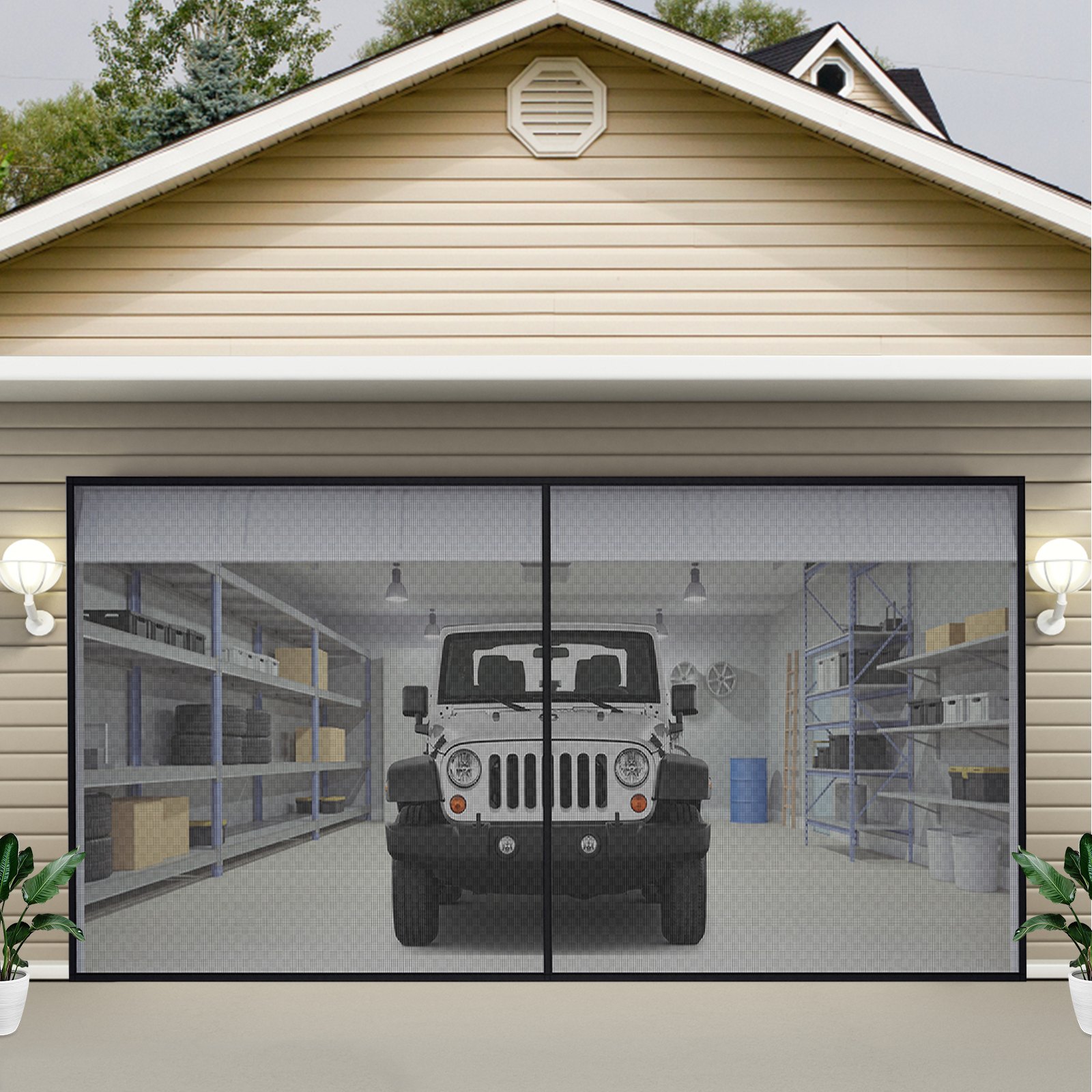 Puerta de garaje VEVOR con mosquitera en color beige, interior de jeep, estantes con herramientas y almacenamiento.