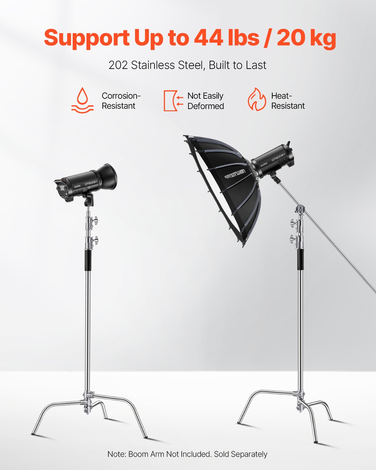 Soporte VEVOR C, altura máxima de 330 cm, soporte de iluminación para fotografía de acero inoxidable resistente con altura ajustable de 1,5 a 3 m, capacidad de carga de 20 kg para softbox de estudio, monolight y reflector.