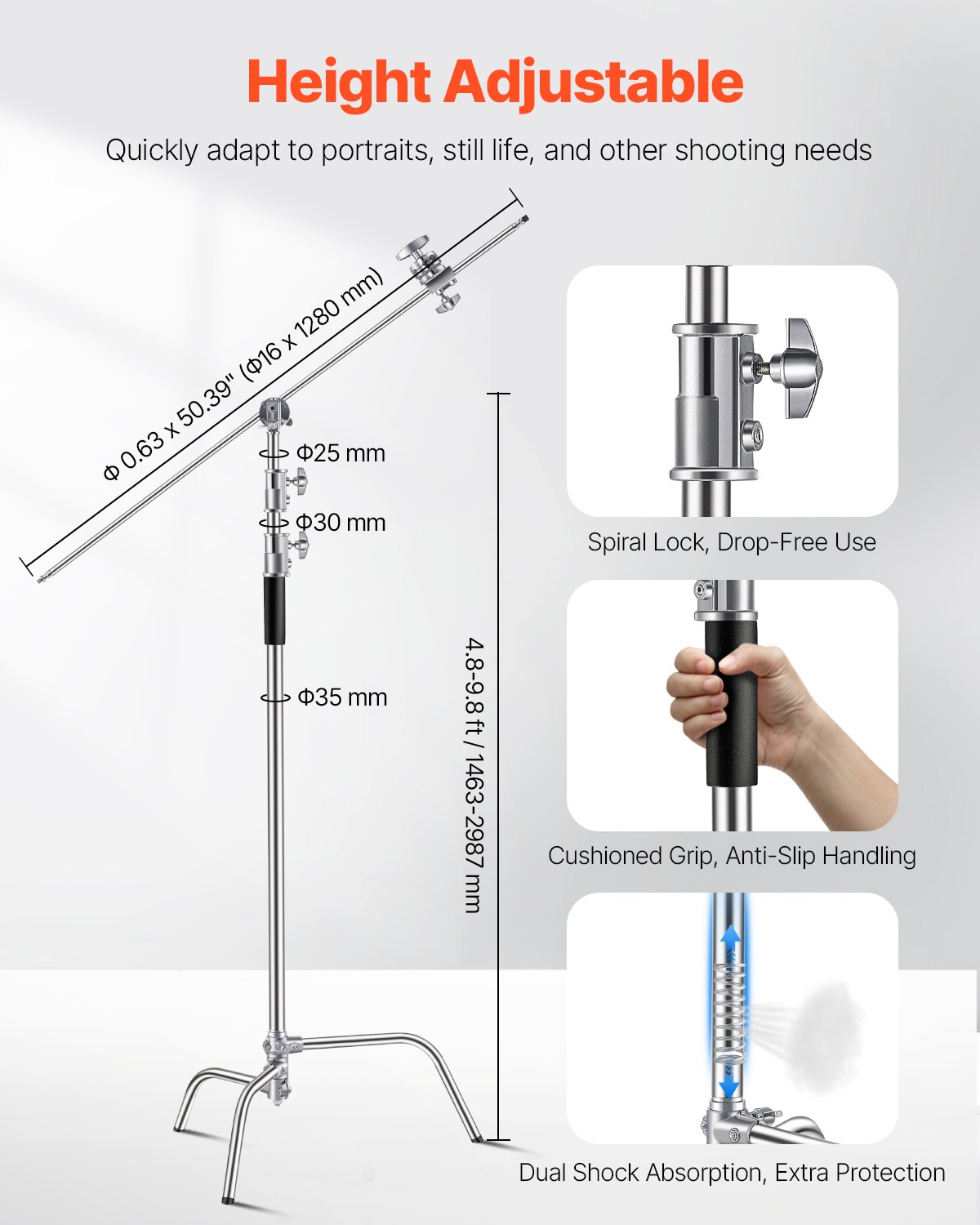 Soporte C con brazo articulado Altura máxima 10,83 pies/330 cm Soporte de luz para fotografía