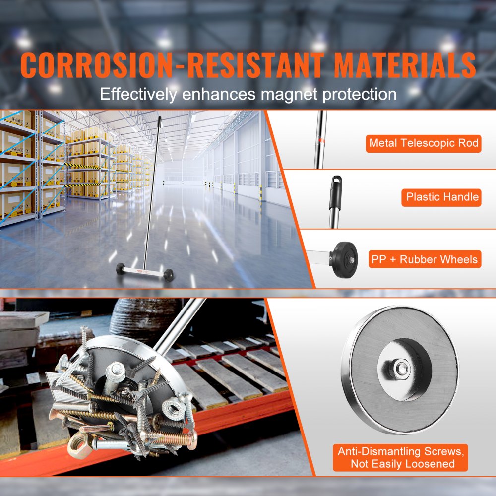 Barredora magnética VEVOR de 15 pulgadas con ruedas, capacidad de 8 lb, con herramienta de recogida magnética telescópica, mango ajustable, barredora de recogida magnética para recoger clavos y tornillos, para taller, garaje y patio.
