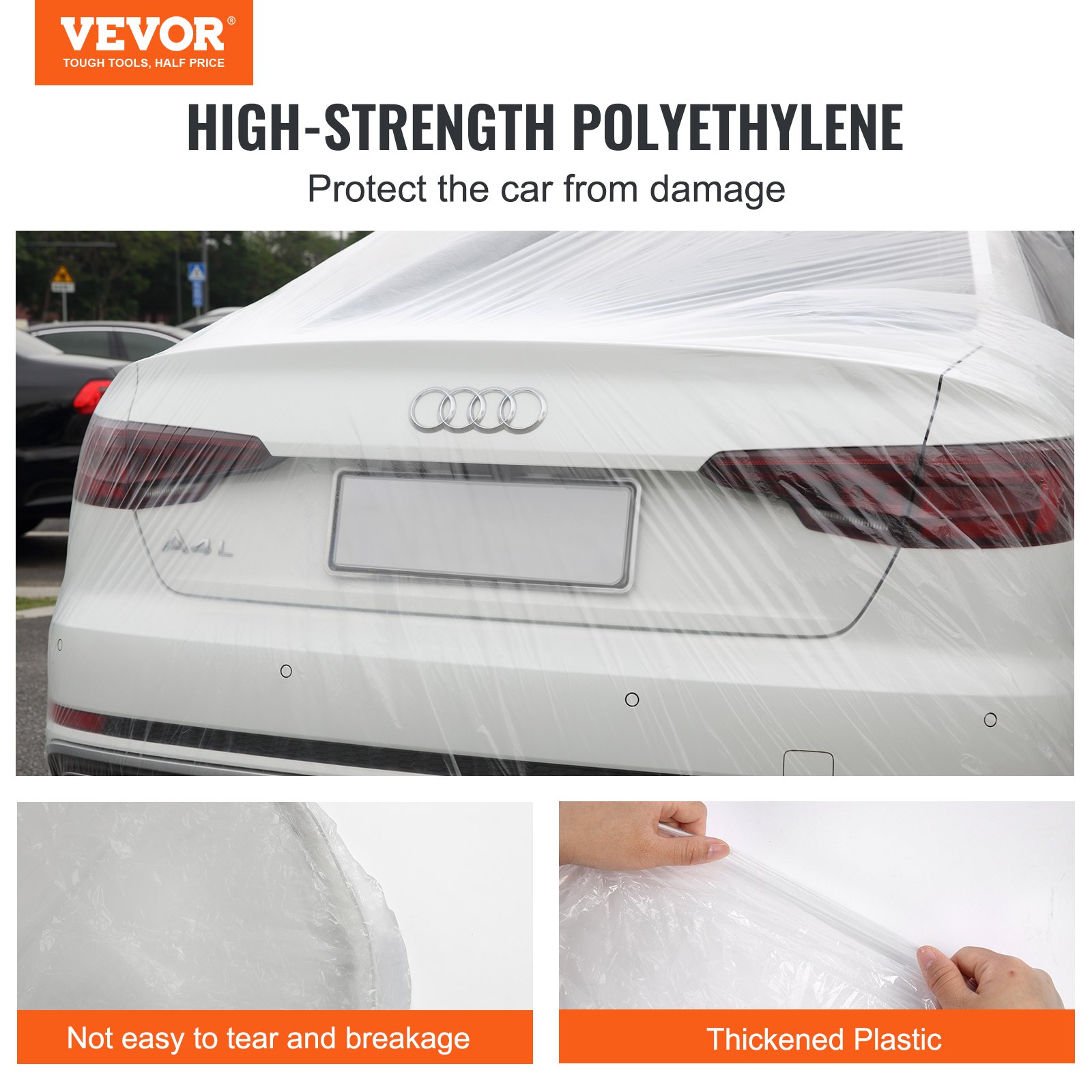 Funda de coche VEVOR que protege un Audi con material de polietileno de alta resistencia.