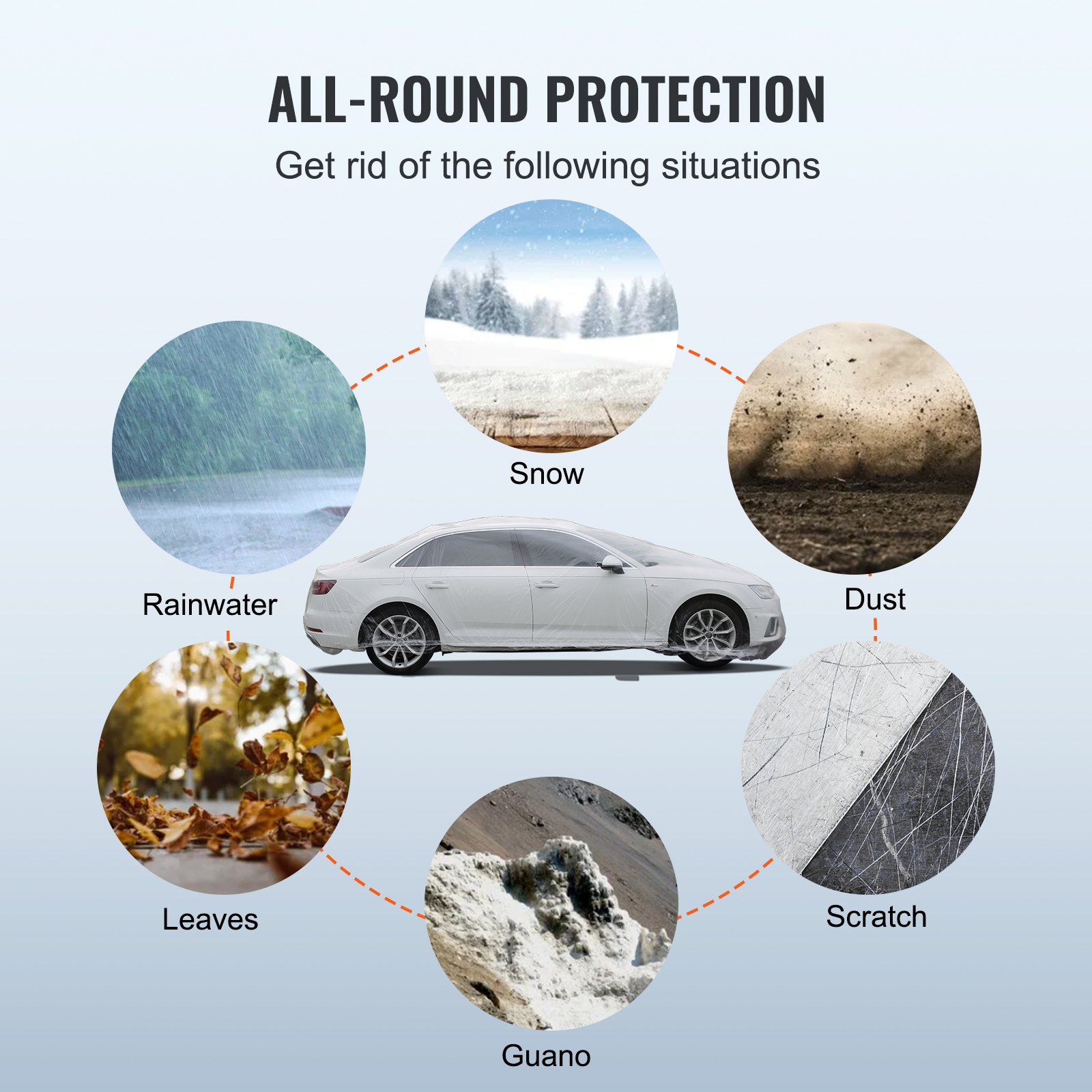 La funda para coche VEVOR ofrece protección integral contra la nieve, el polvo, el agua de lluvia, las hojas, el guano y los arañazos.