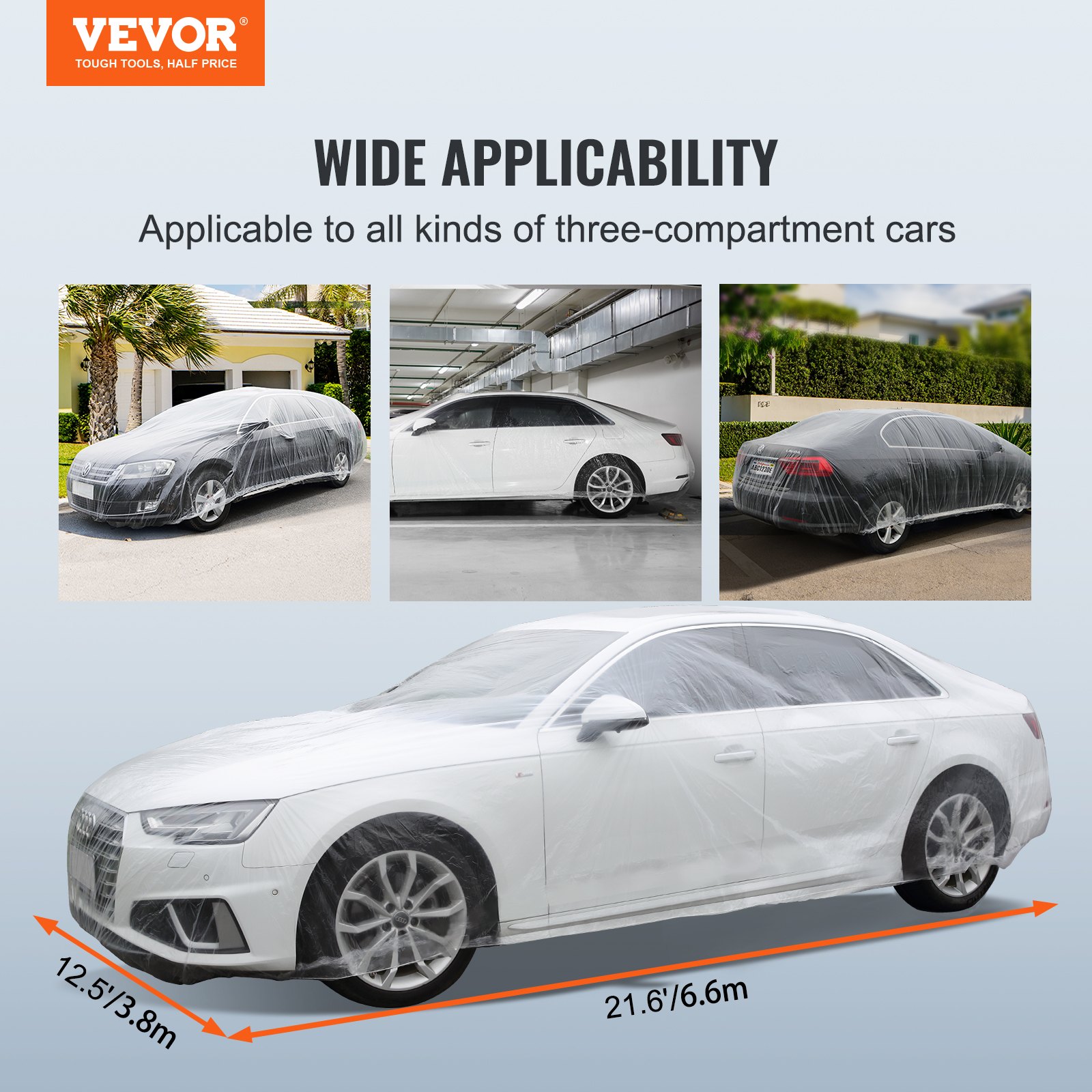 Funda de coche VEVOR para coches de tres compartimentos, presentada en varios entornos.