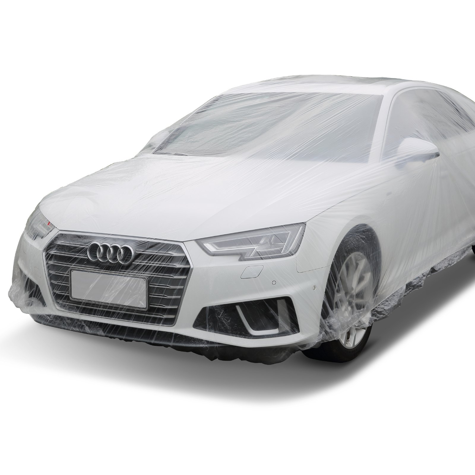 Coche blanco cubierto con una funda VEVOR, que ofrece protección para todo el cuerpo.