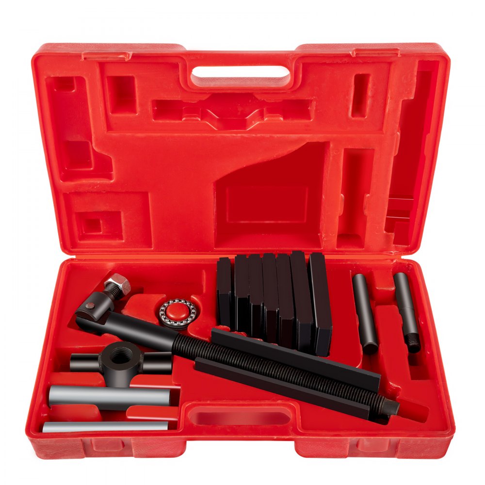 Estuche rojo con herramientas extractoras de camisas de cilindro VEVOR ordenadas de forma ordenada en su interior.