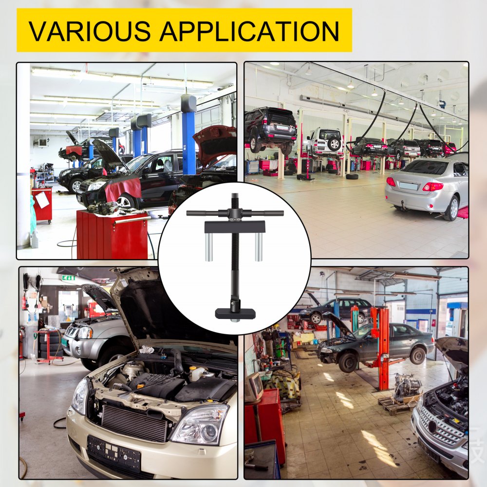 Tienda de automóviles que exhibe el extractor de camisas de cilindros VEVOR con varias aplicaciones para vehículos.