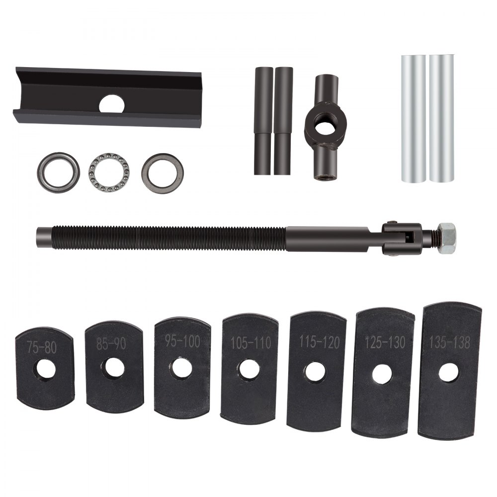 Componentes del extractor de camisas de cilindro VEVOR que incluyen varilla roscada y placas adaptadoras.