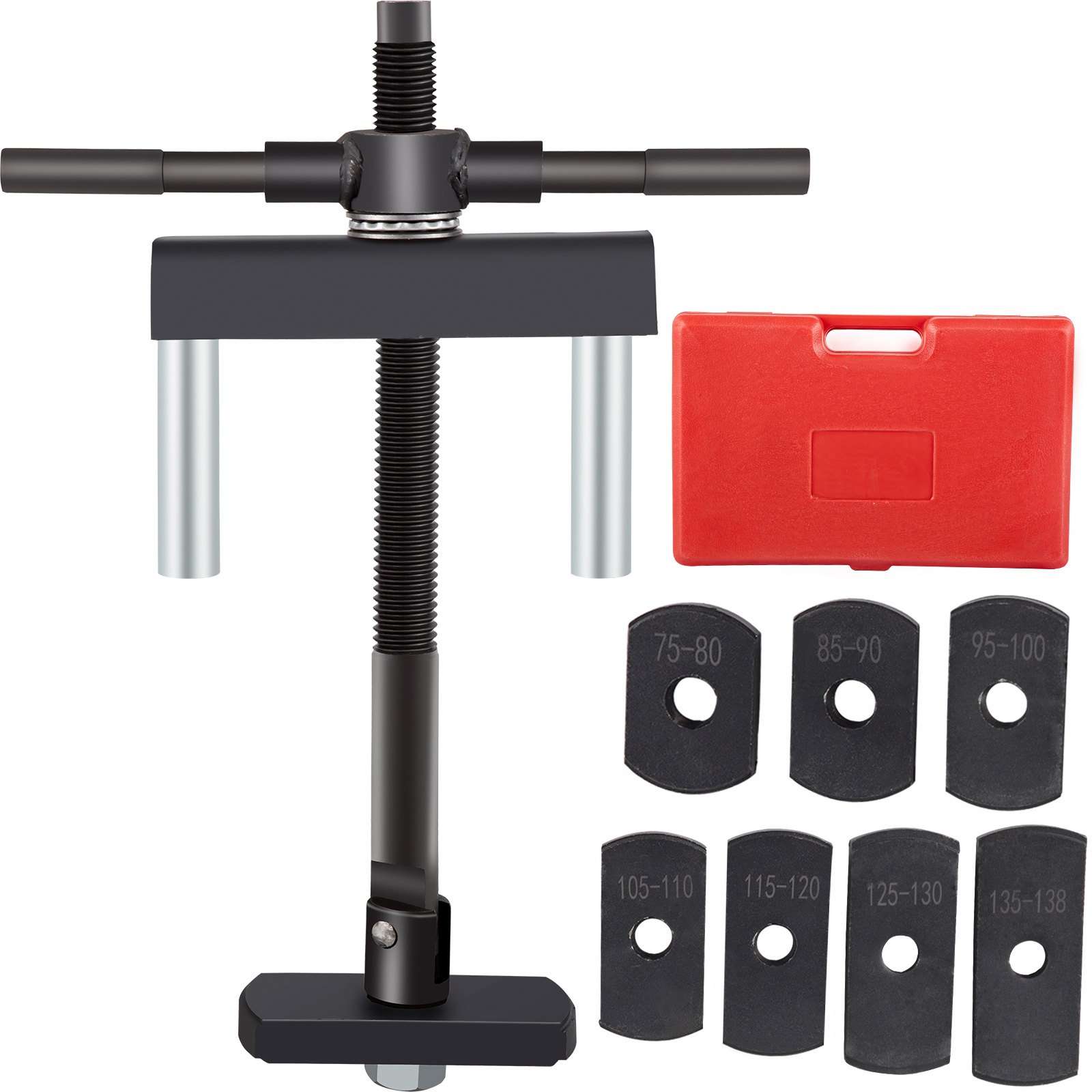 Extractor de camisas de cilindro VEVOR con estuche rojo y ocho adaptadores de diferentes tamaños.