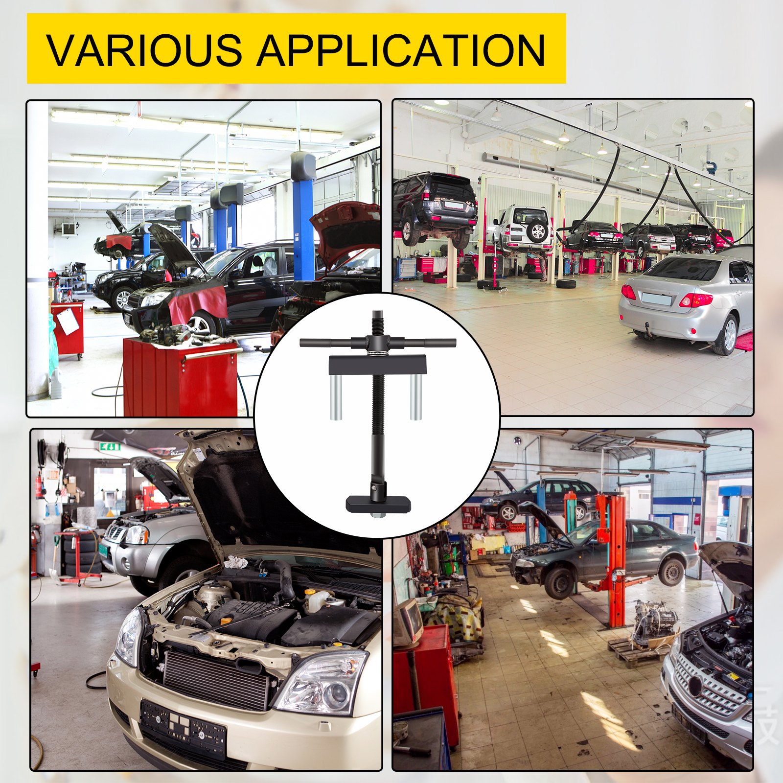 Tienda de automóviles que exhibe el extractor de camisas de cilindros VEVOR con varias aplicaciones para vehículos.