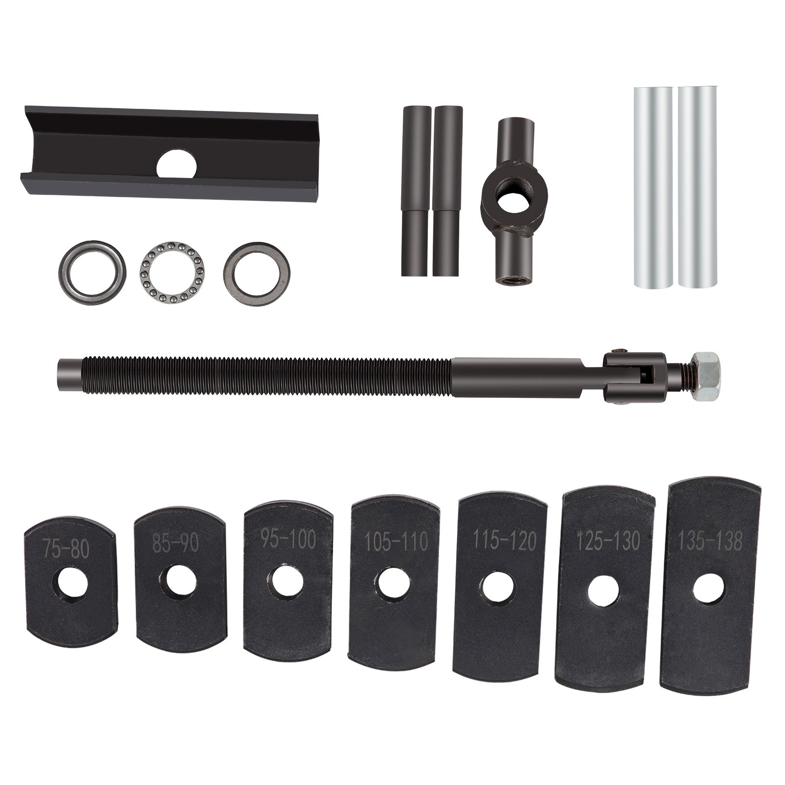 Componentes del extractor de camisas de cilindro VEVOR que incluyen varilla roscada y placas adaptadoras.