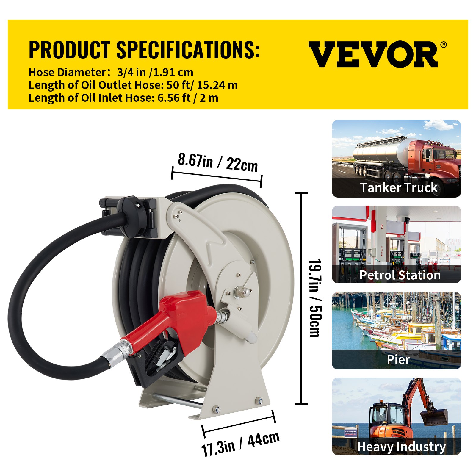 Carrete de manguera de combustible VEVOR con diámetro de 3/4 pulg., manguera de salida de 50 pies, utilizada para camiones cisterna, estaciones de servicio y muelles.